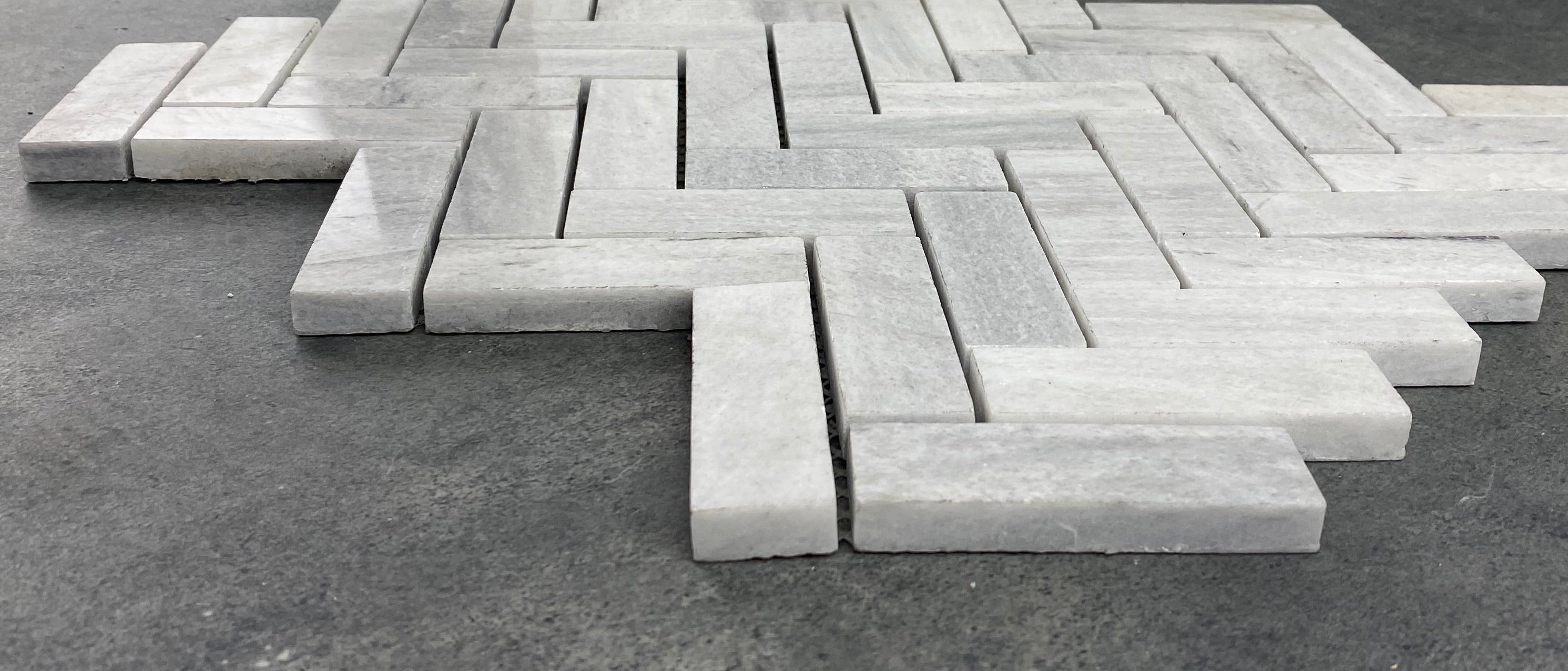White Herringbone Marble Mosaic Tile 1x3 - 12x12 Pre Assembled
