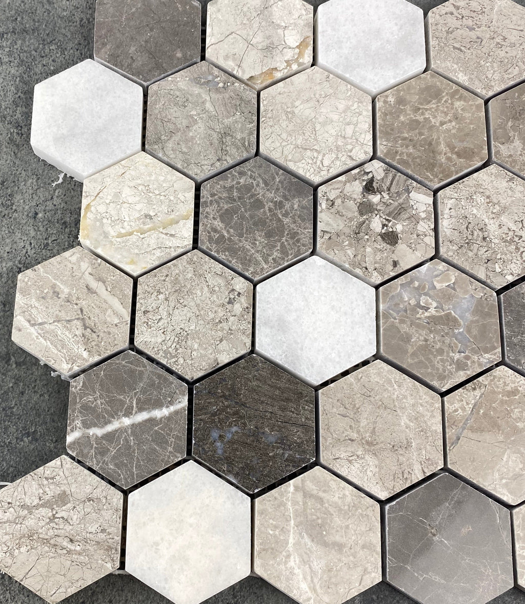 Silver Shadow Carrara White Marble Mosaic Tile - 2 Inch Hexagon