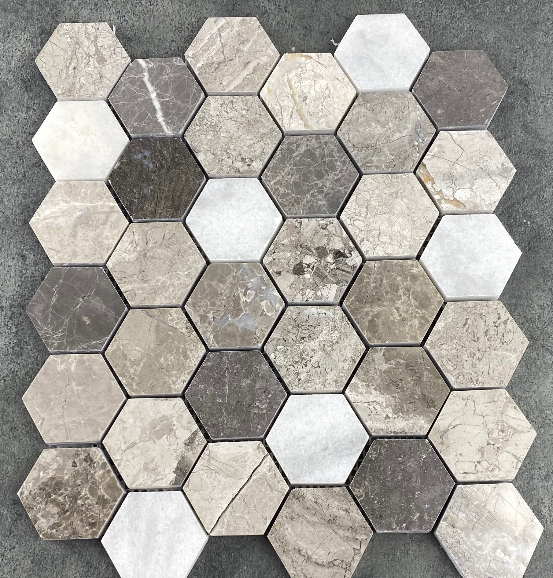 Silver Shadow Carrara White Marble Mosaic Tile - 2 Inch Hexagon