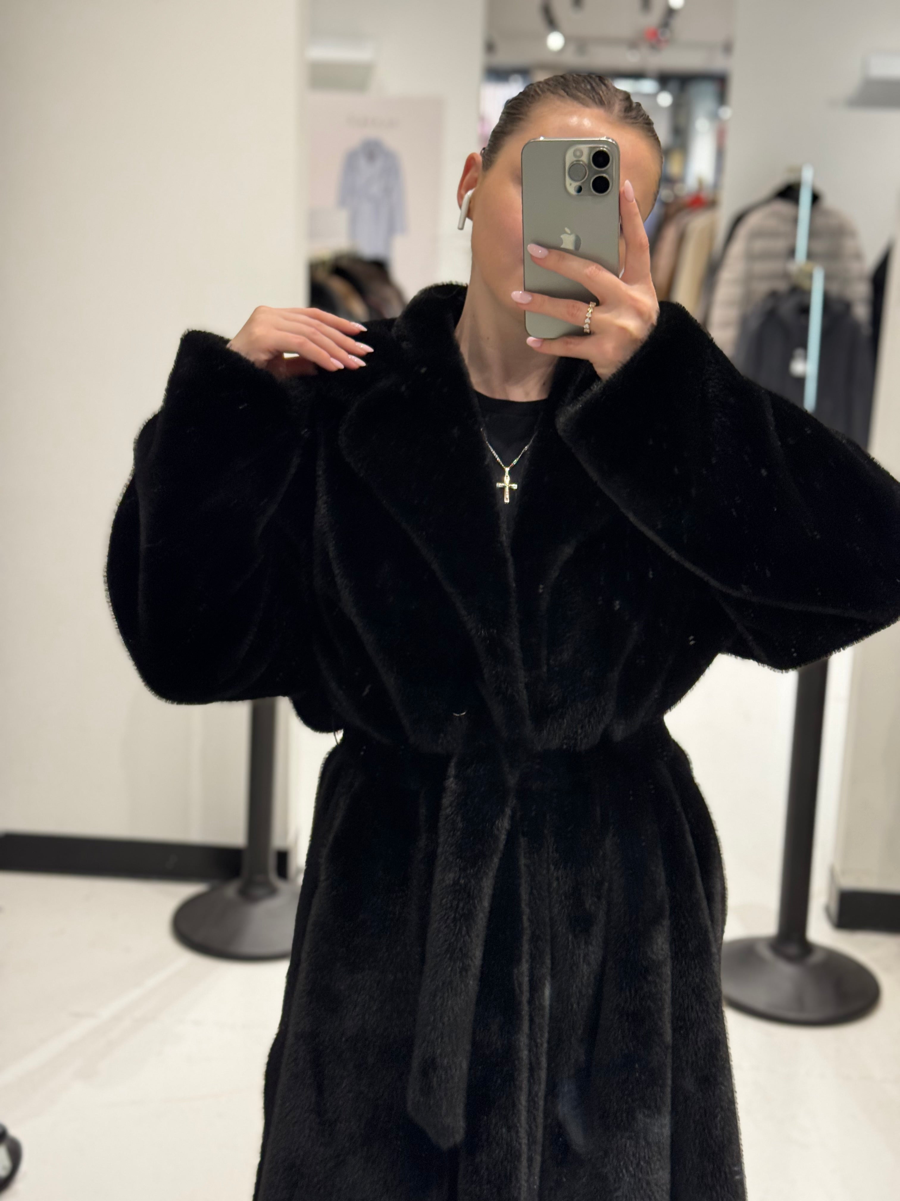 Faux Mink Effect Fur Coat in Black