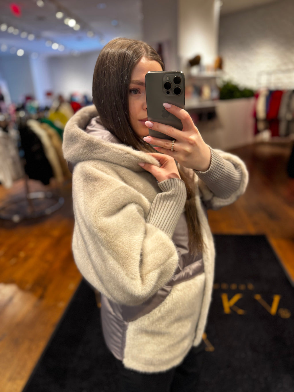 Claire Eco-Fur Bio-Down Fill Jacket in Taupe Grey