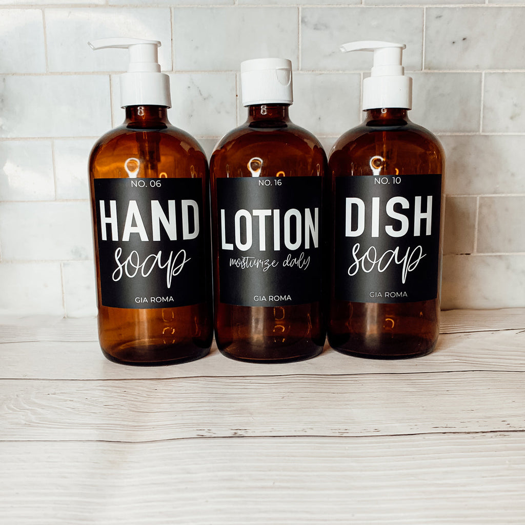 16oz Amber Glass Boston Round Soap Refill Bottle Black Label Set