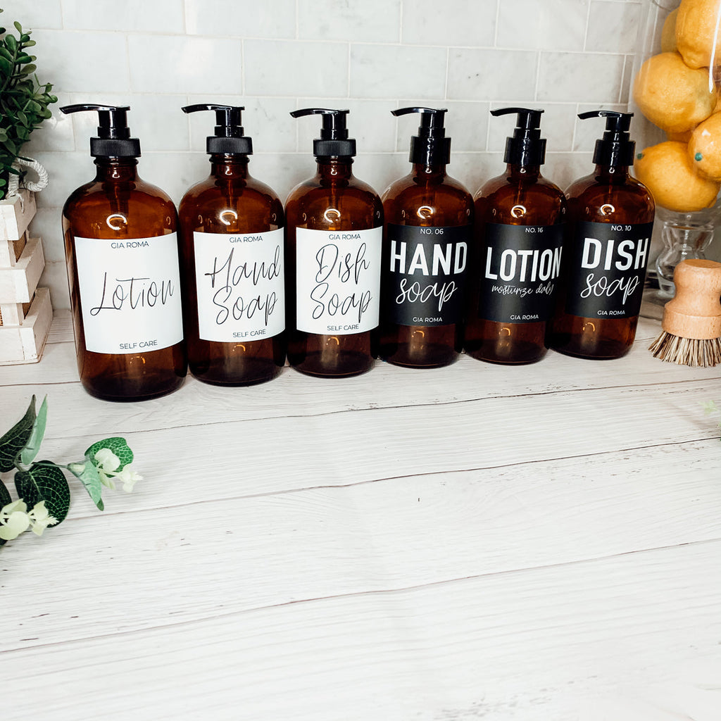 16oz Amber Glass Boston Round Soap Refill Bottle Black Label Set