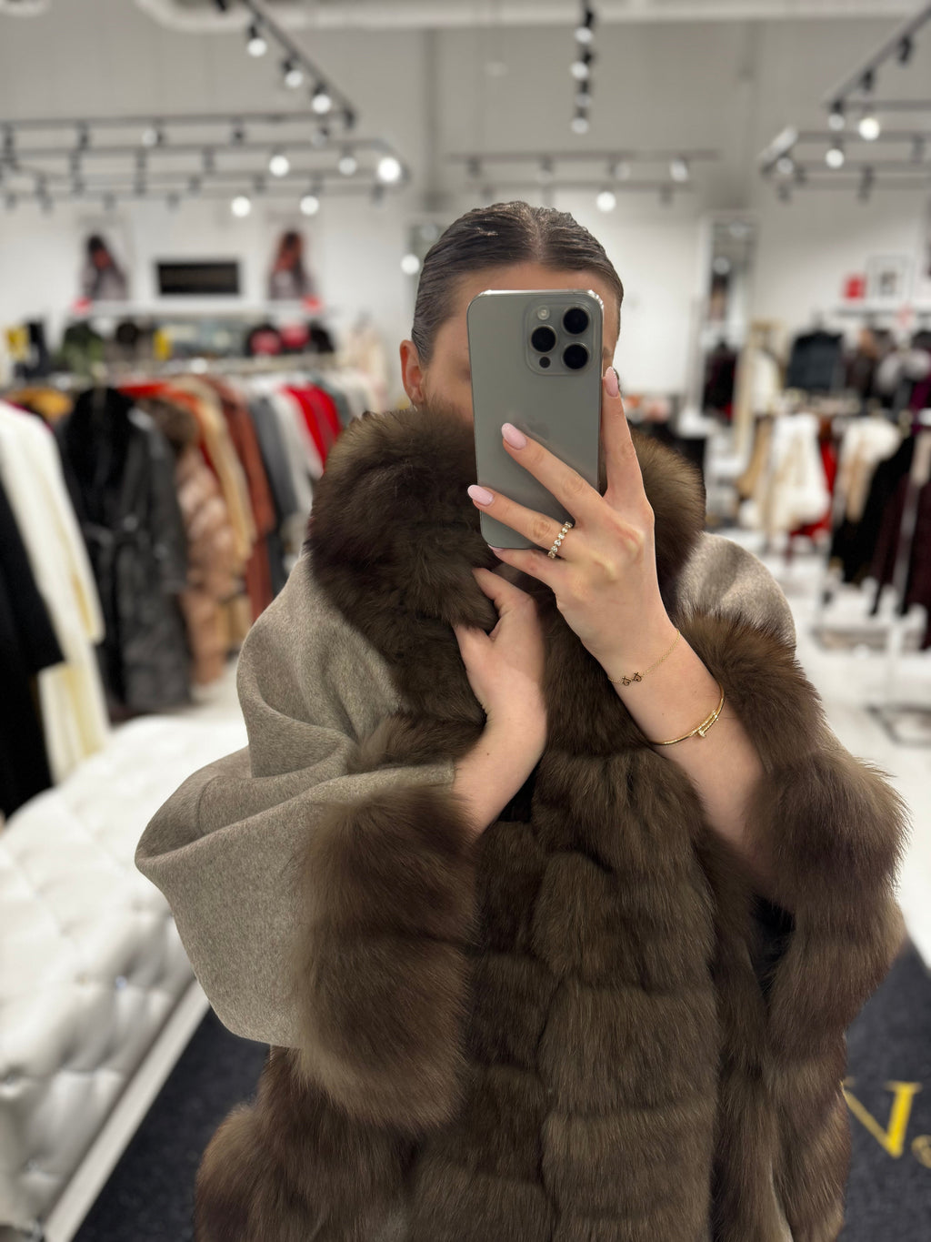 Luxury Double-Face Wool Poncho with Genuine Polar Fox