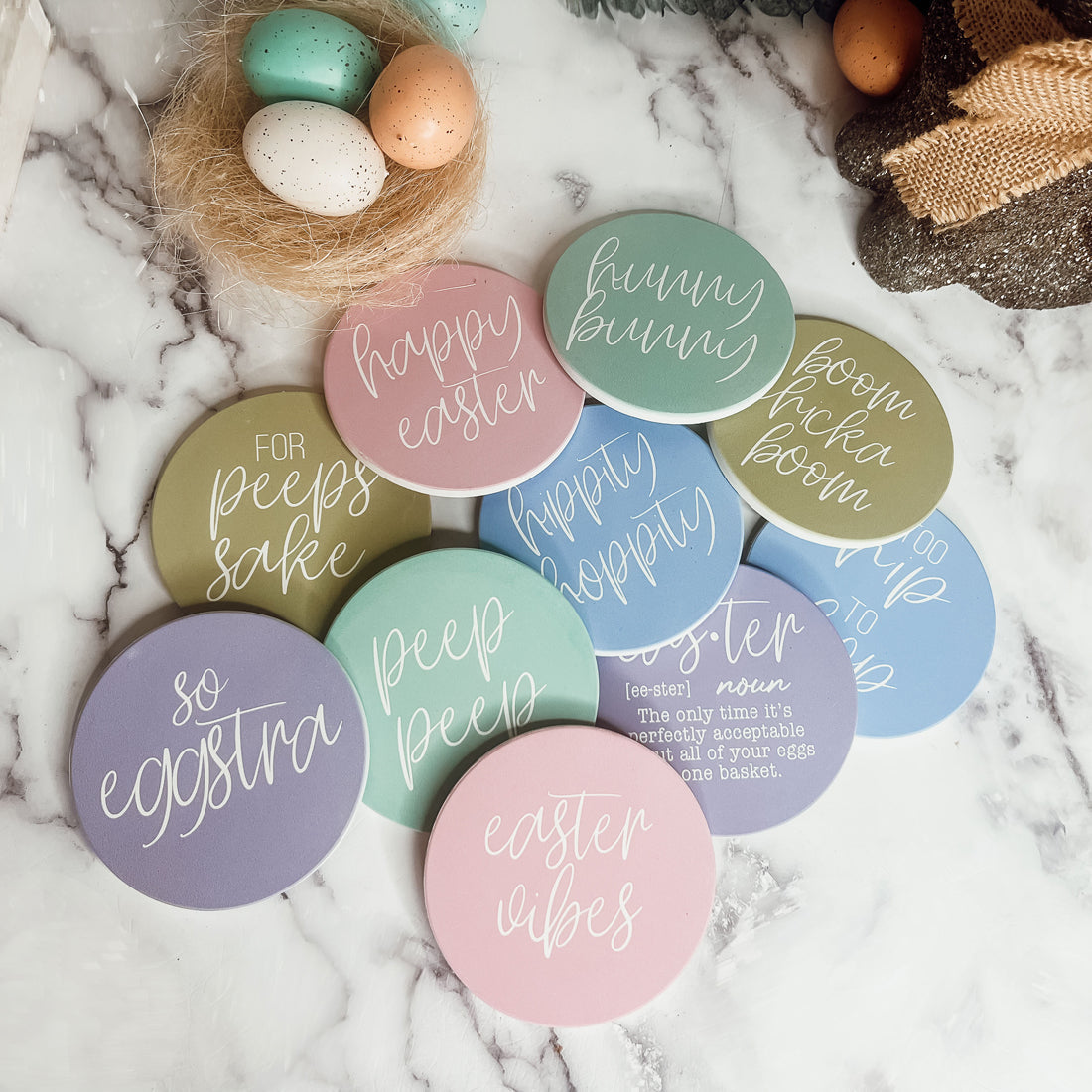 Easter Spring Ceramic Coasters 4in Set Cute Floral Bunny Drink Table Coasters