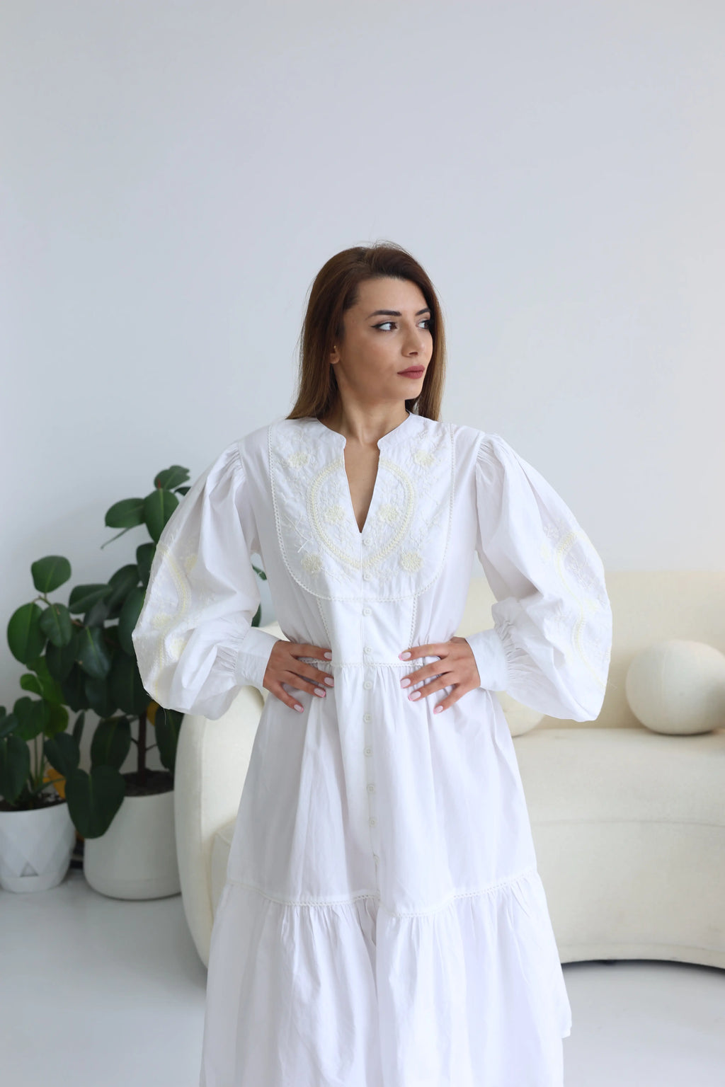 embroidered casual midi dress off white Available in s to 3xl