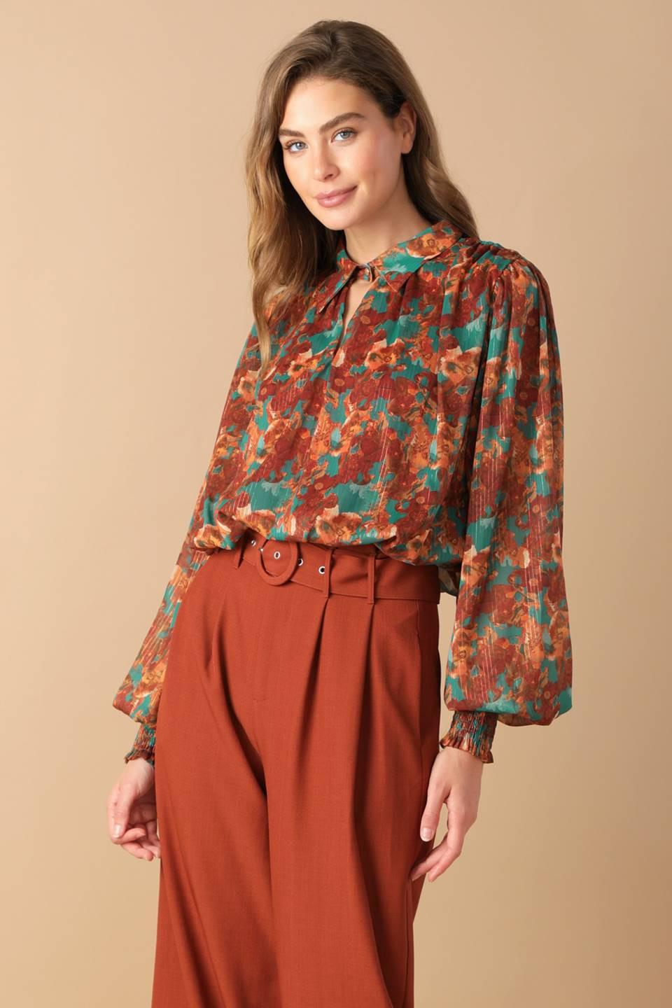 NOSTALGIC TEAL BROWN WOVEN TOP