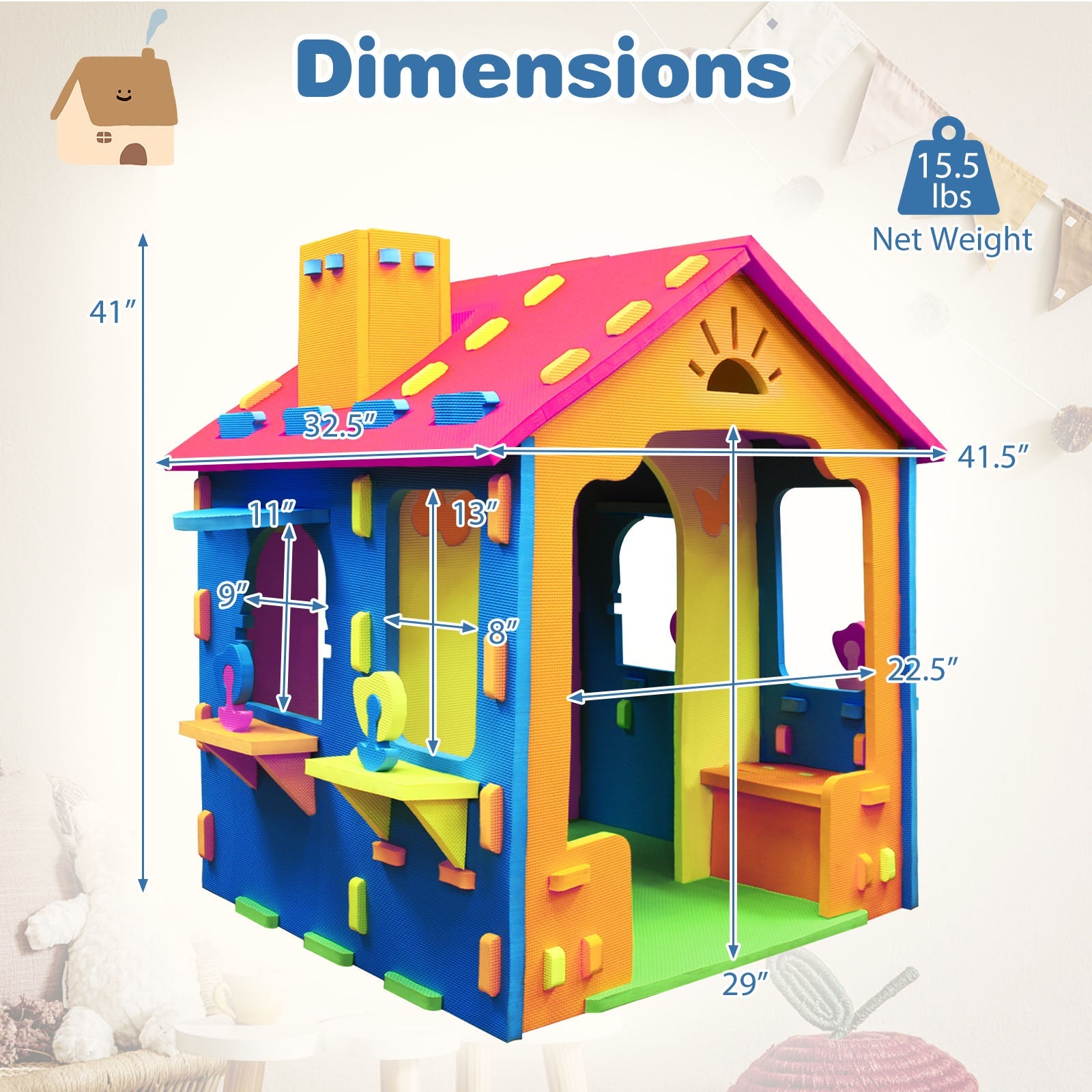 Indoor Cottage Playset with Roof and Chimney for Creative Play