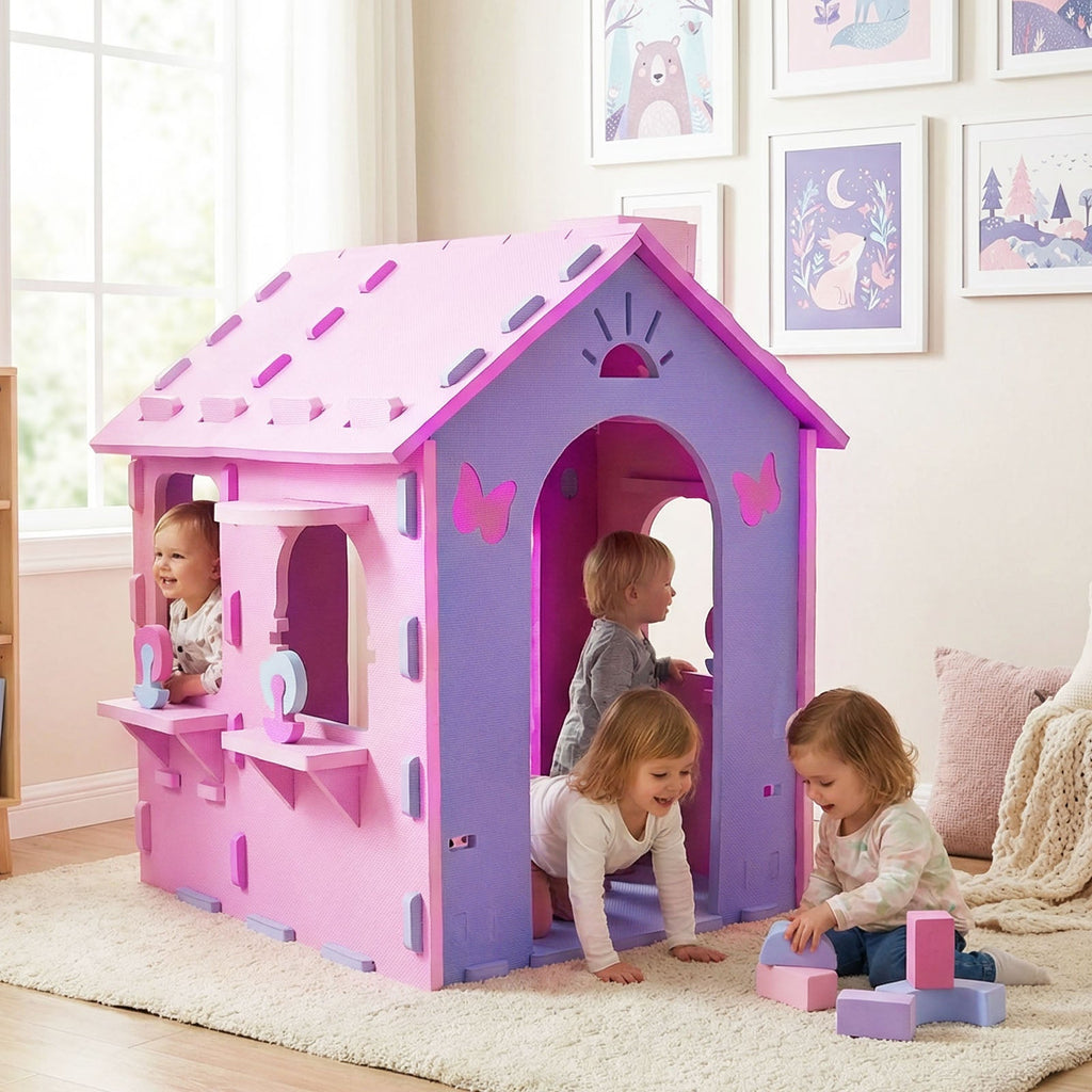 Indoor Cottage Playset with Roof and Chimney for Creative Play