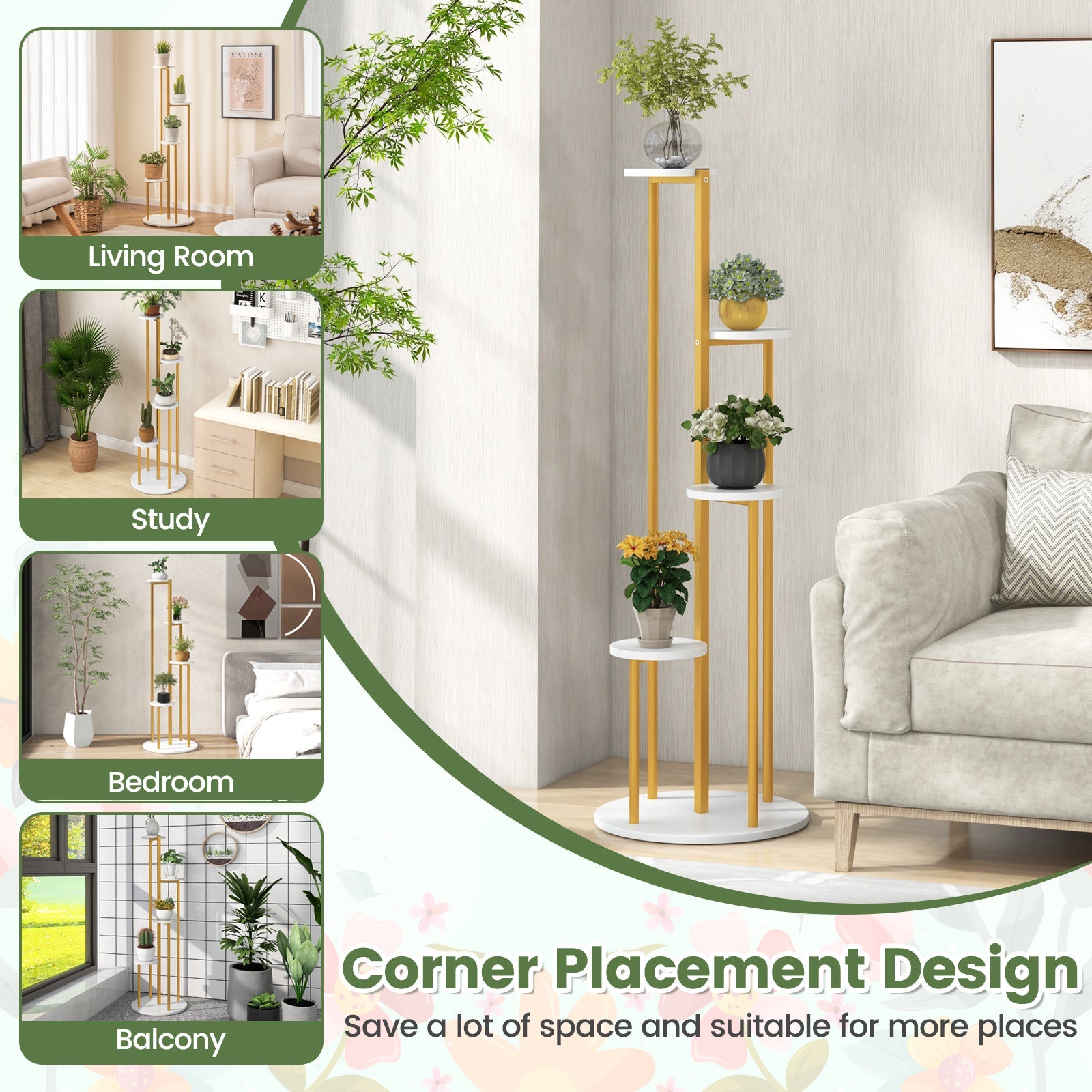 Indoor Metal Plant Stand Corner Plant Shelf for Potted Plant with Golden Metal Frame-White