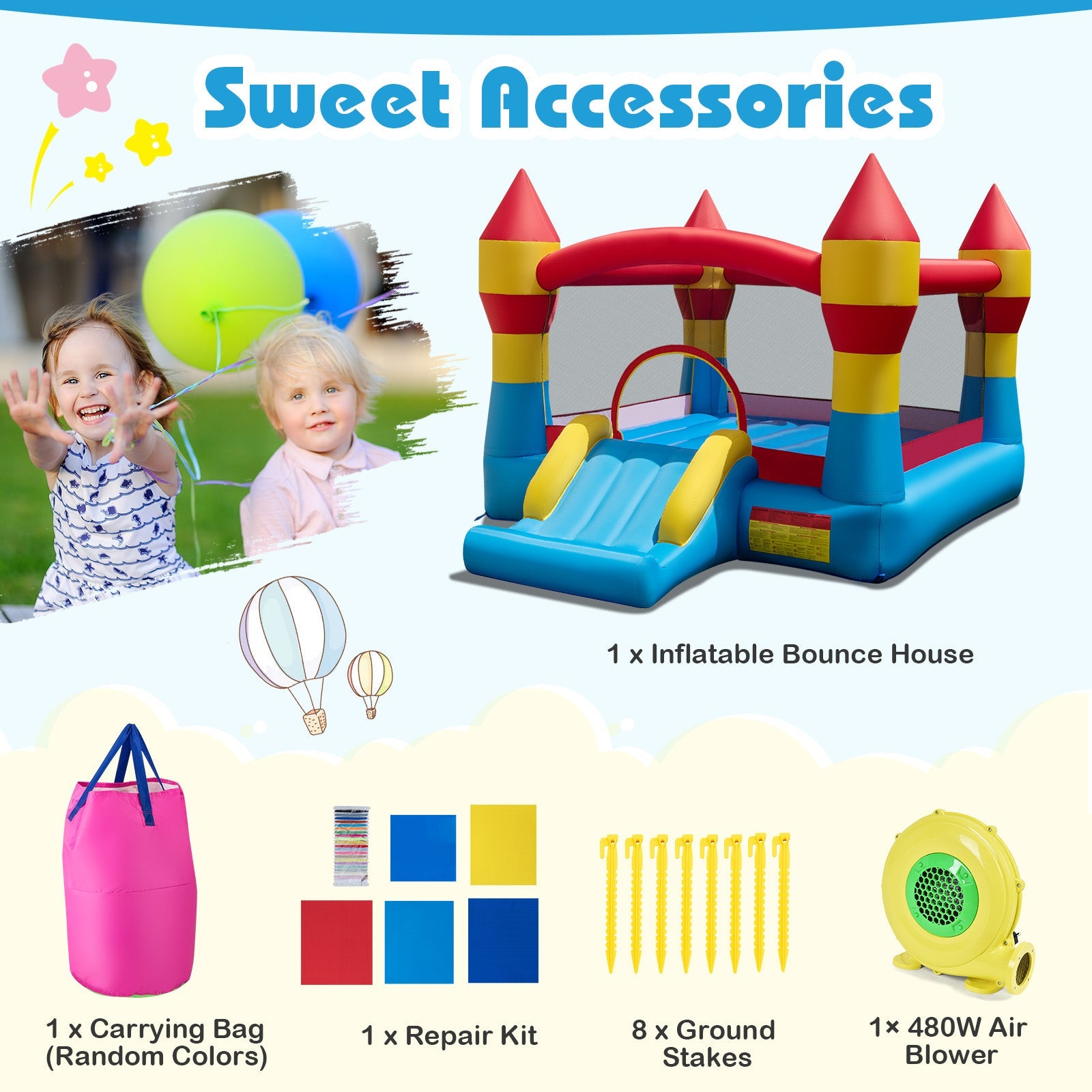3-in-1 Kids Bouncer with Slide with 480W Blower for Yard