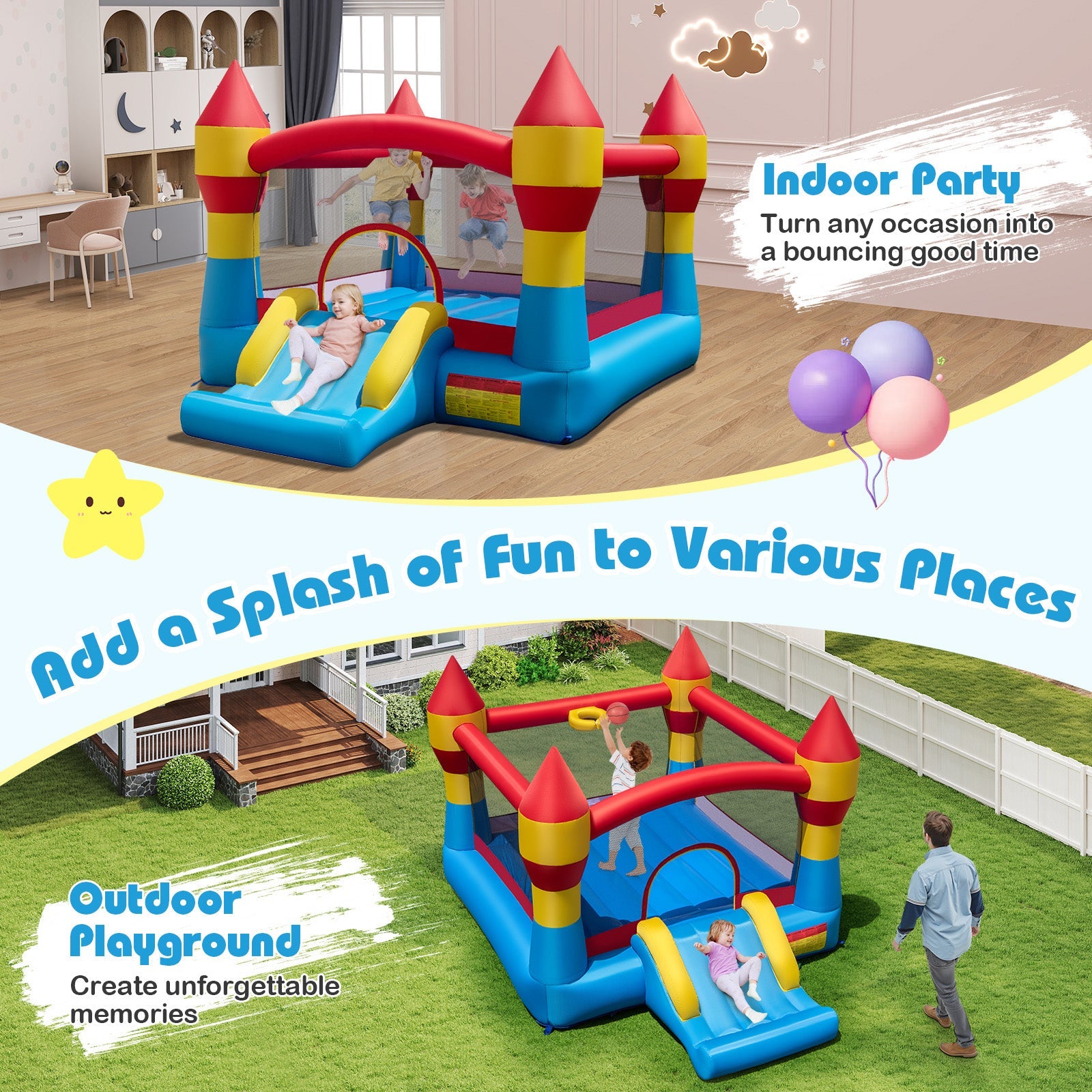 3-in-1 Kids Bouncer with Slide with 520W Blower for Yard