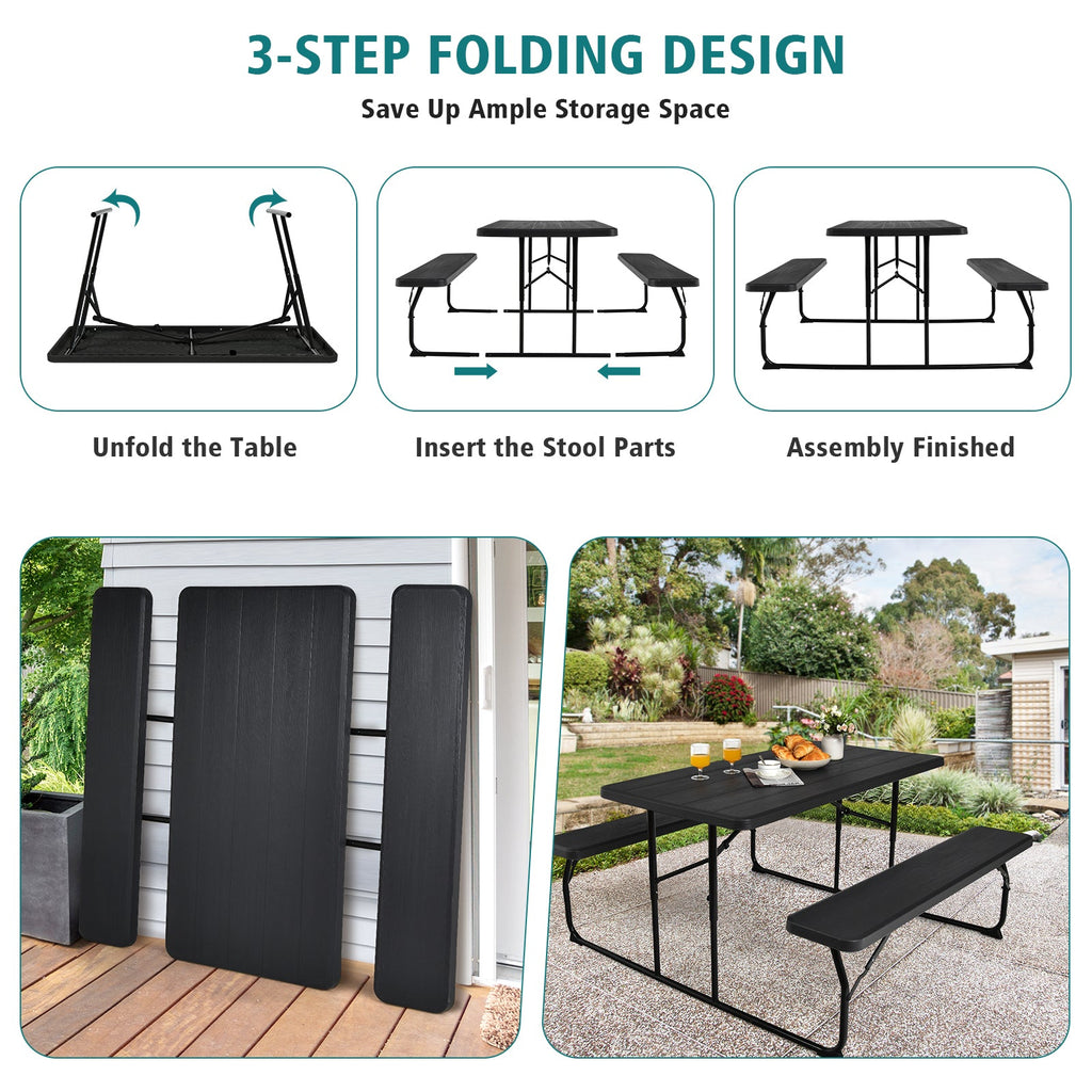Indoor and Outdoor Folding Picnic Table Bench Set with Wood-like Texture
