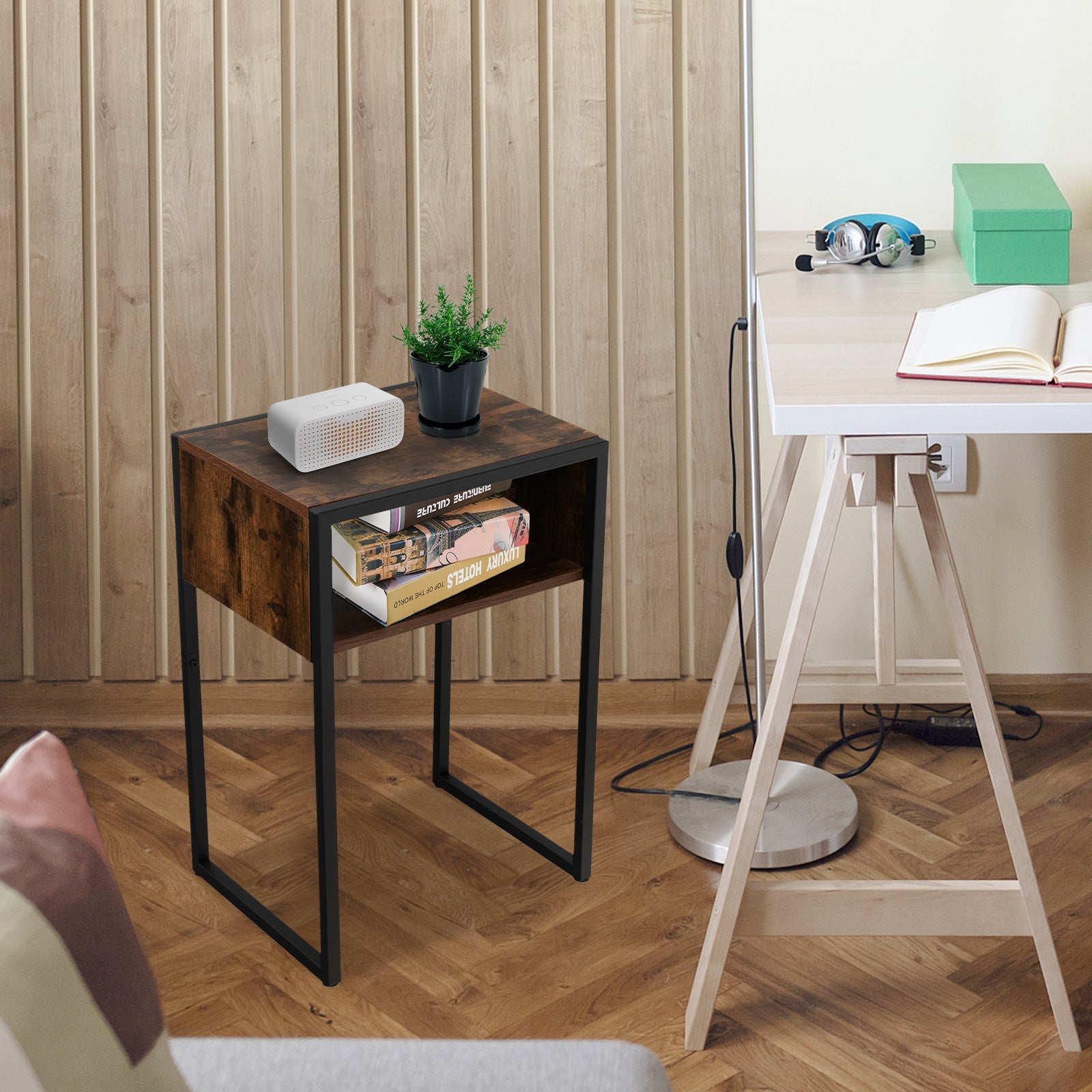 Industrial Side Table with Anti-Rust Steel Frame and Open Storage
