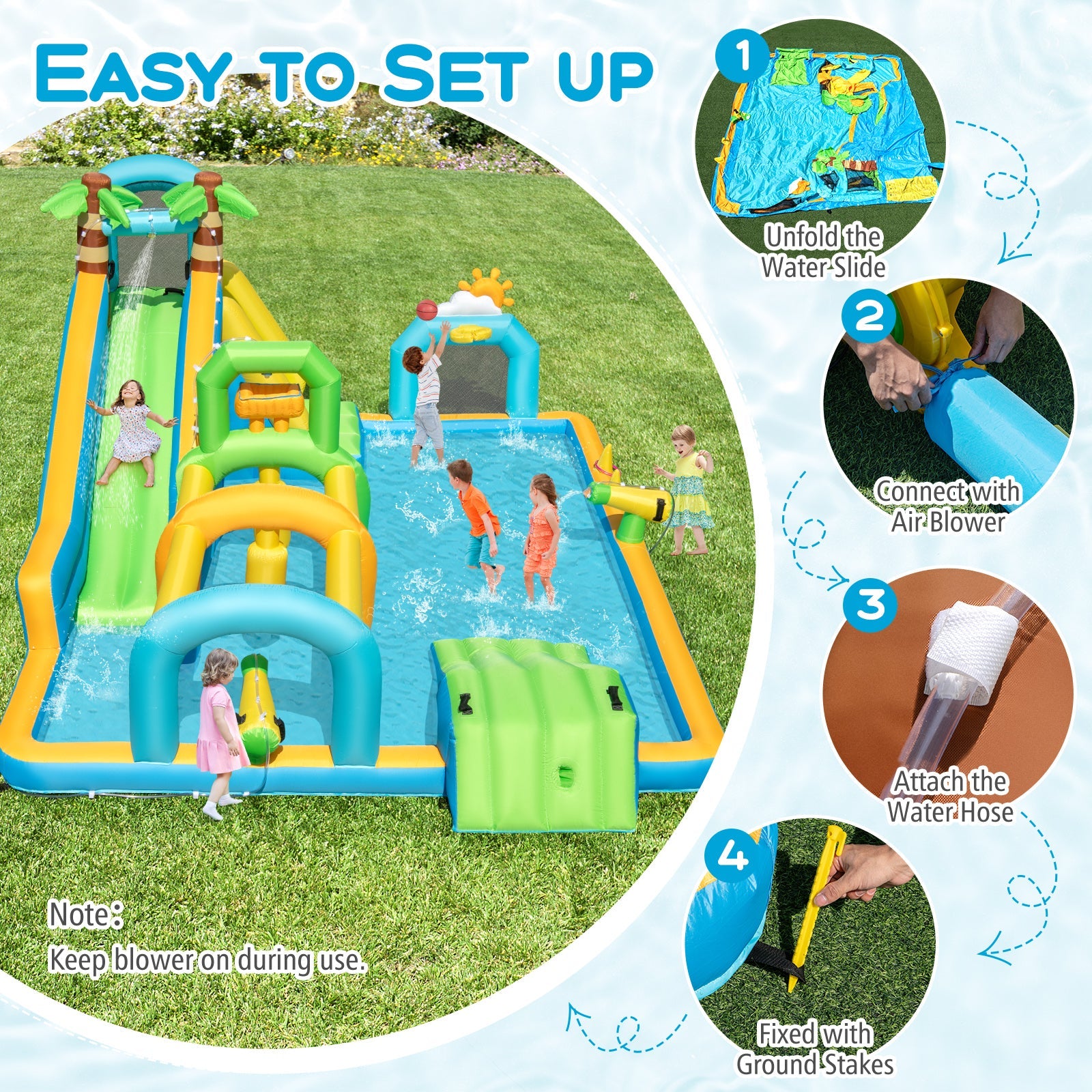 Inflatable Water Slide Tropical Theme Dual Slide Aqua Park with 735W Blower