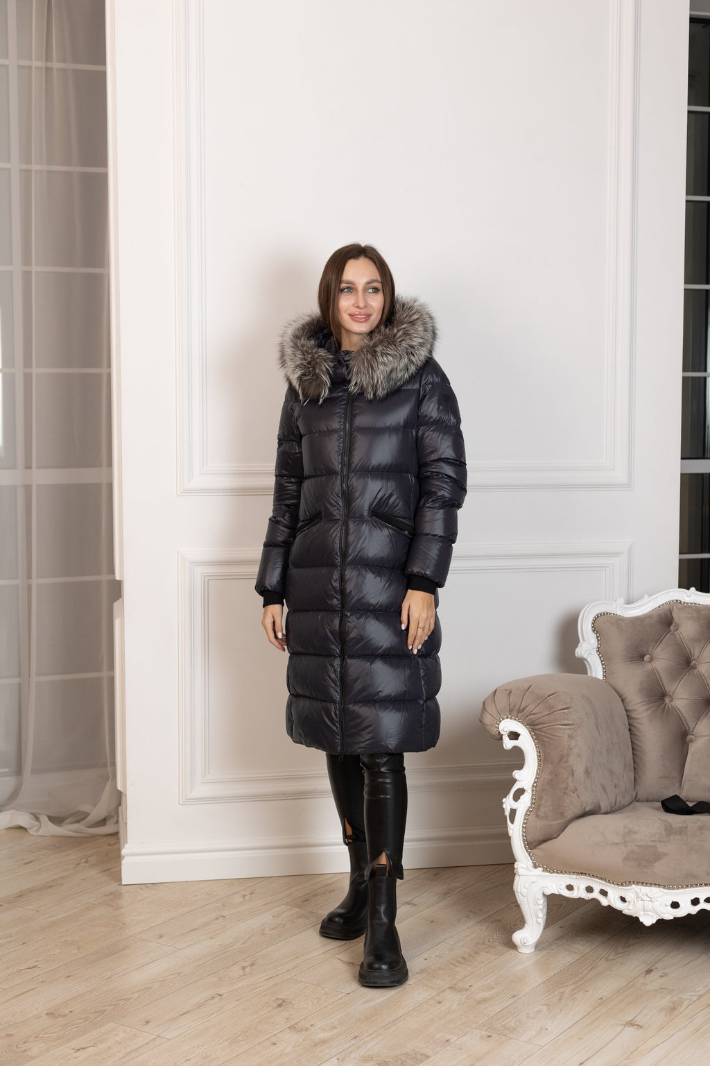 Genuine Silver Fox Fur Trim Down Fill Coat