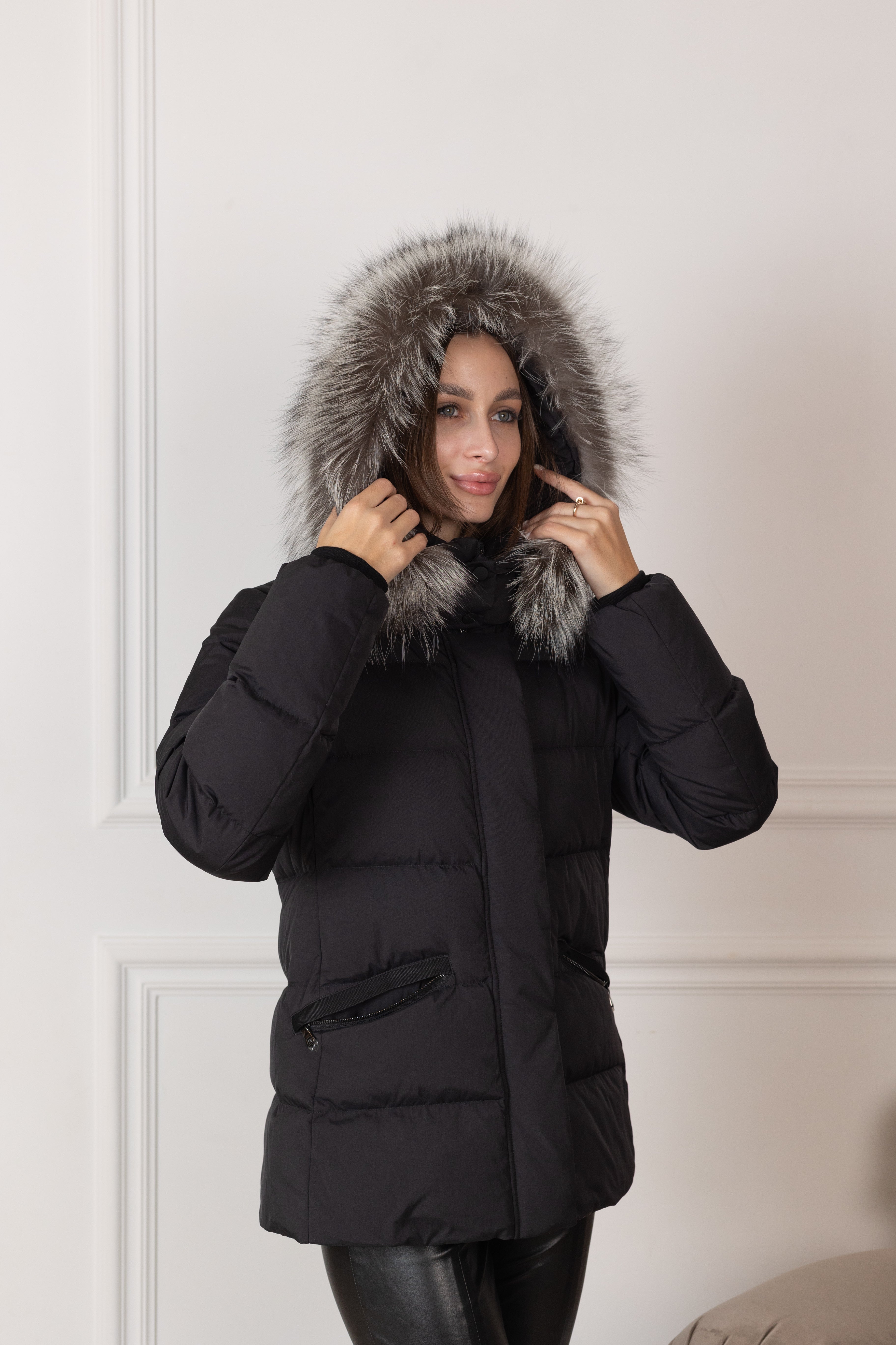 Noir Genuine Silver Fox Fur Down Fill Coat