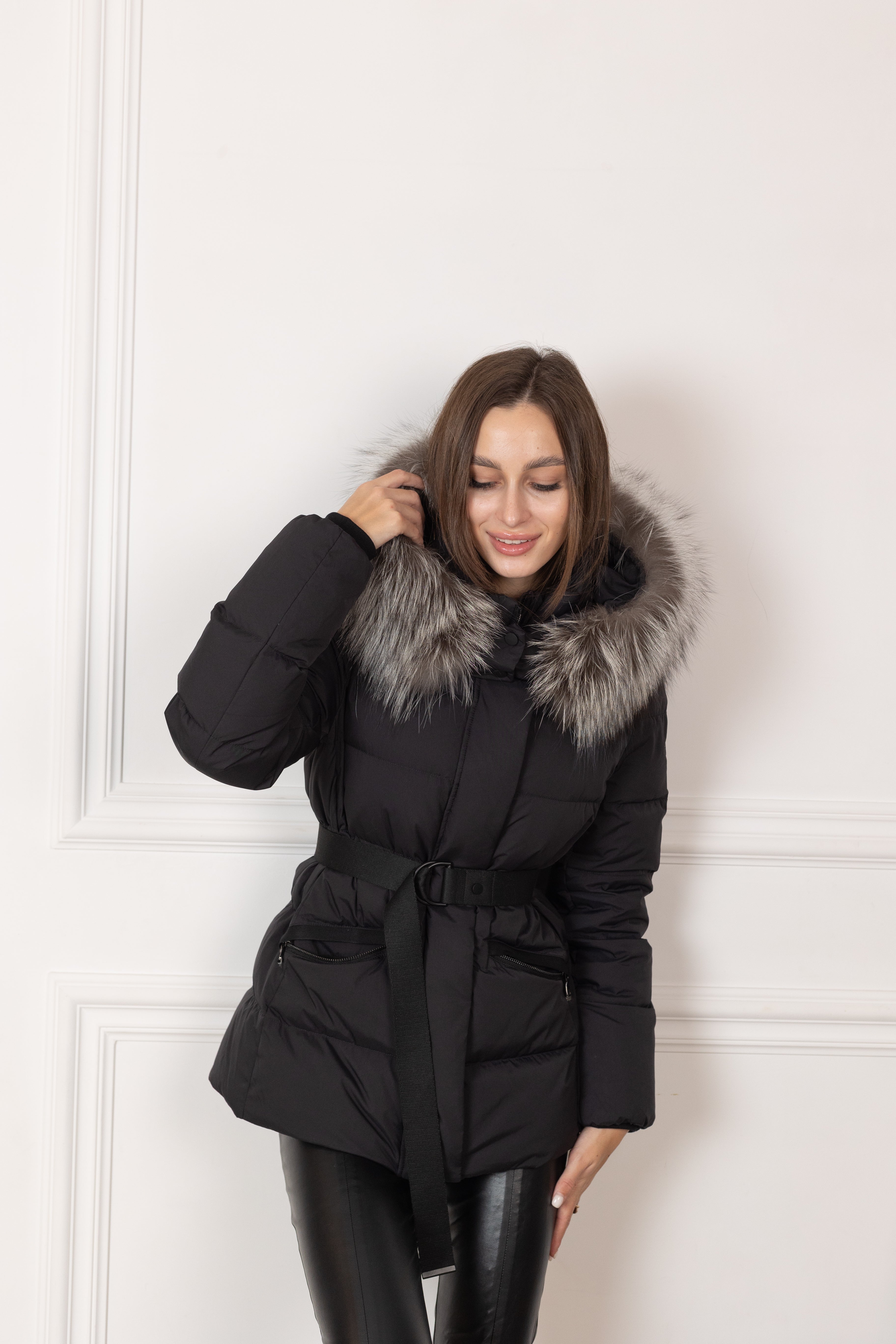 Noir Genuine Silver Fox Fur Down Fill Coat
