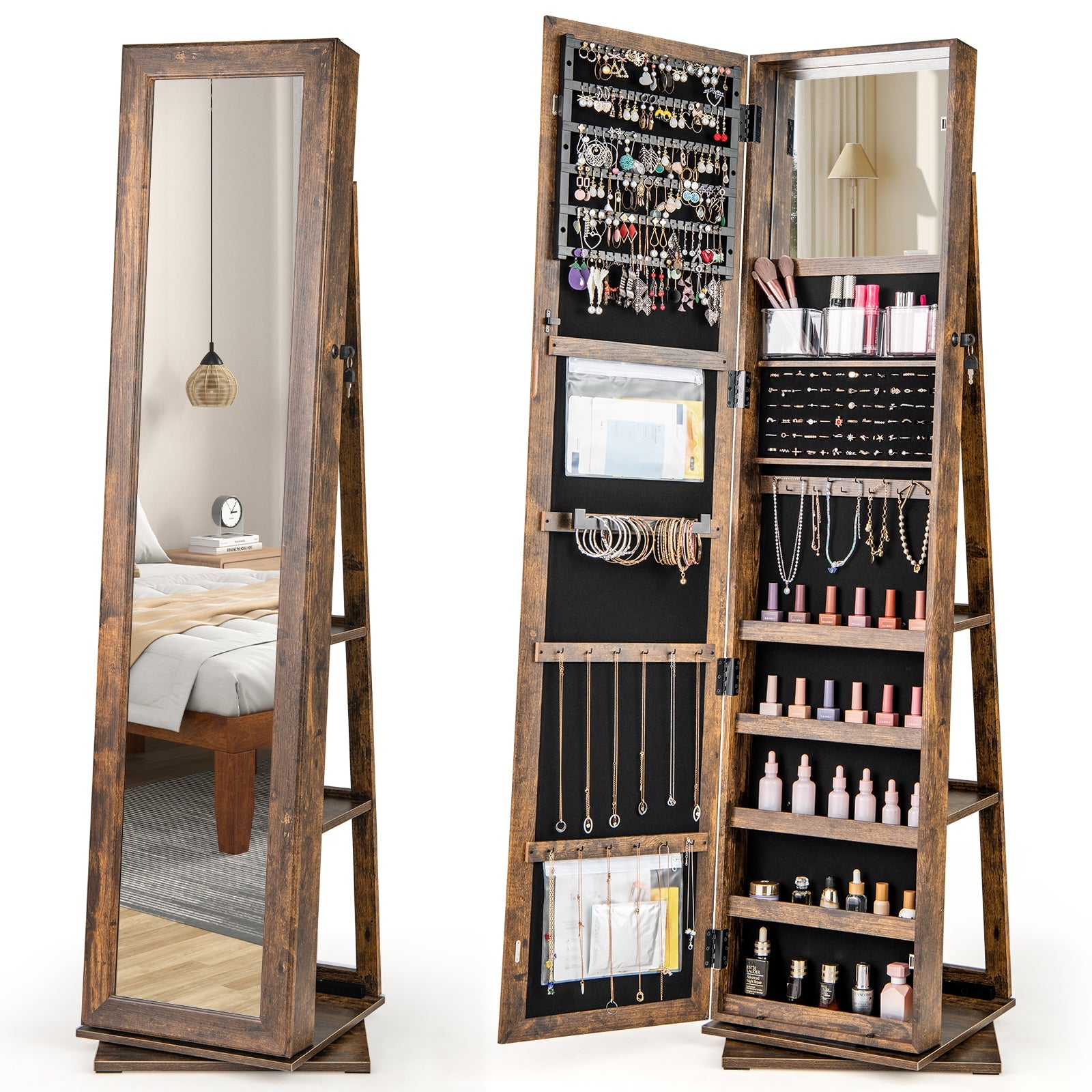 360¬∞ Swivel Jewelry Armoire Standing Jewelry Organizer with Full Length Mirror and Back Shelves