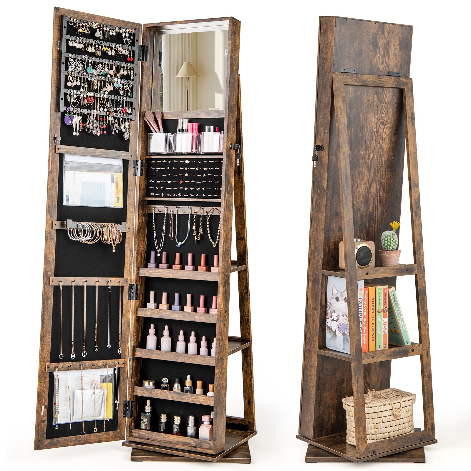 360¬∞ Swivel Jewelry Armoire Standing Jewelry Organizer with Full Length Mirror and Back Shelves