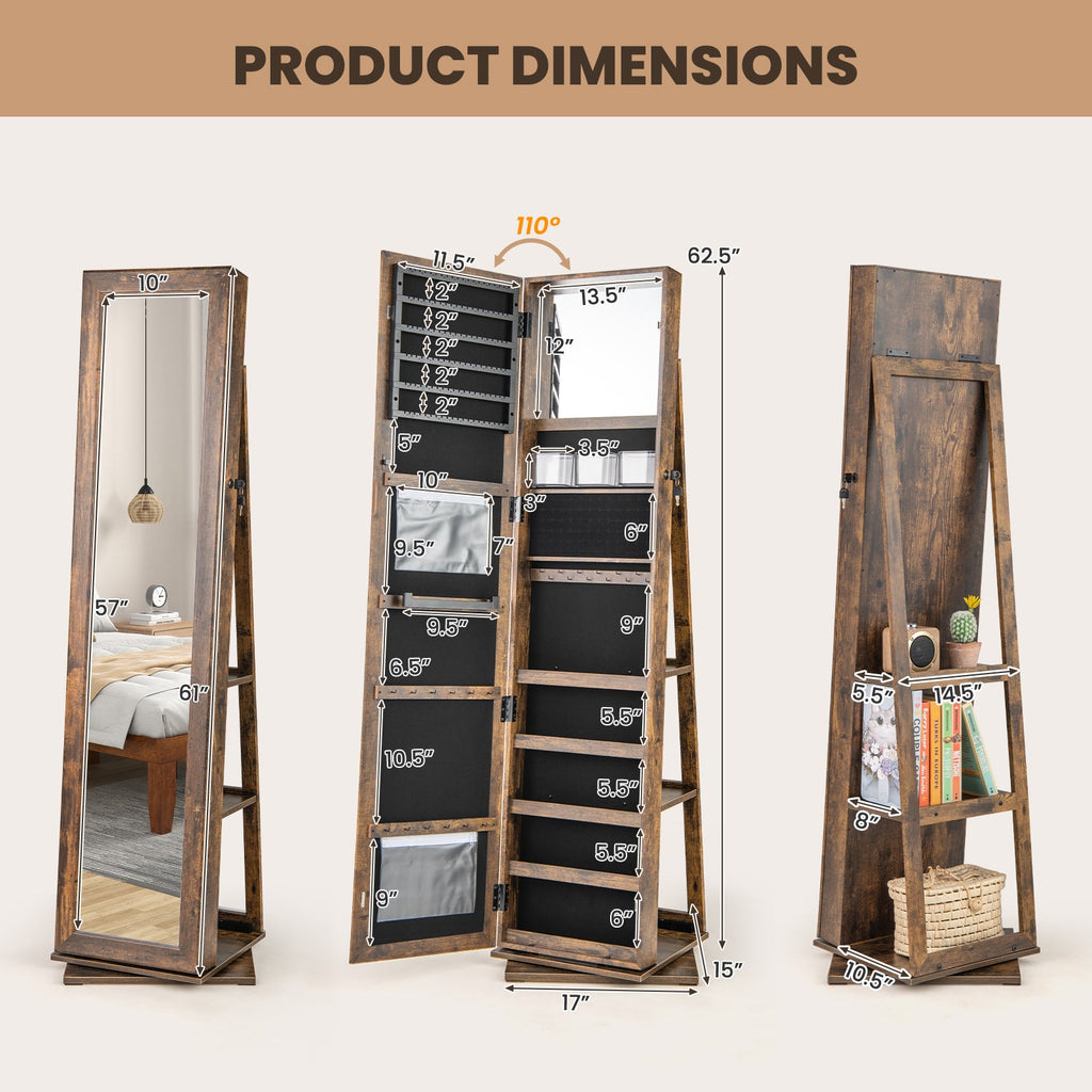 360¬∞ Swivel Jewelry Armoire Standing Jewelry Organizer with Full Length Mirror and Back Shelves