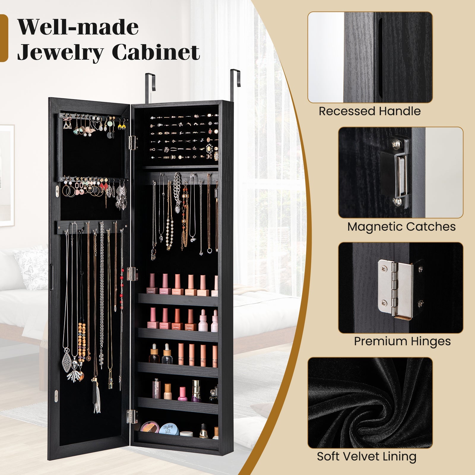 Jewelry Cabinet Wall or Door Mounted Jewelry Armoire with Full-Length Mirror-Black