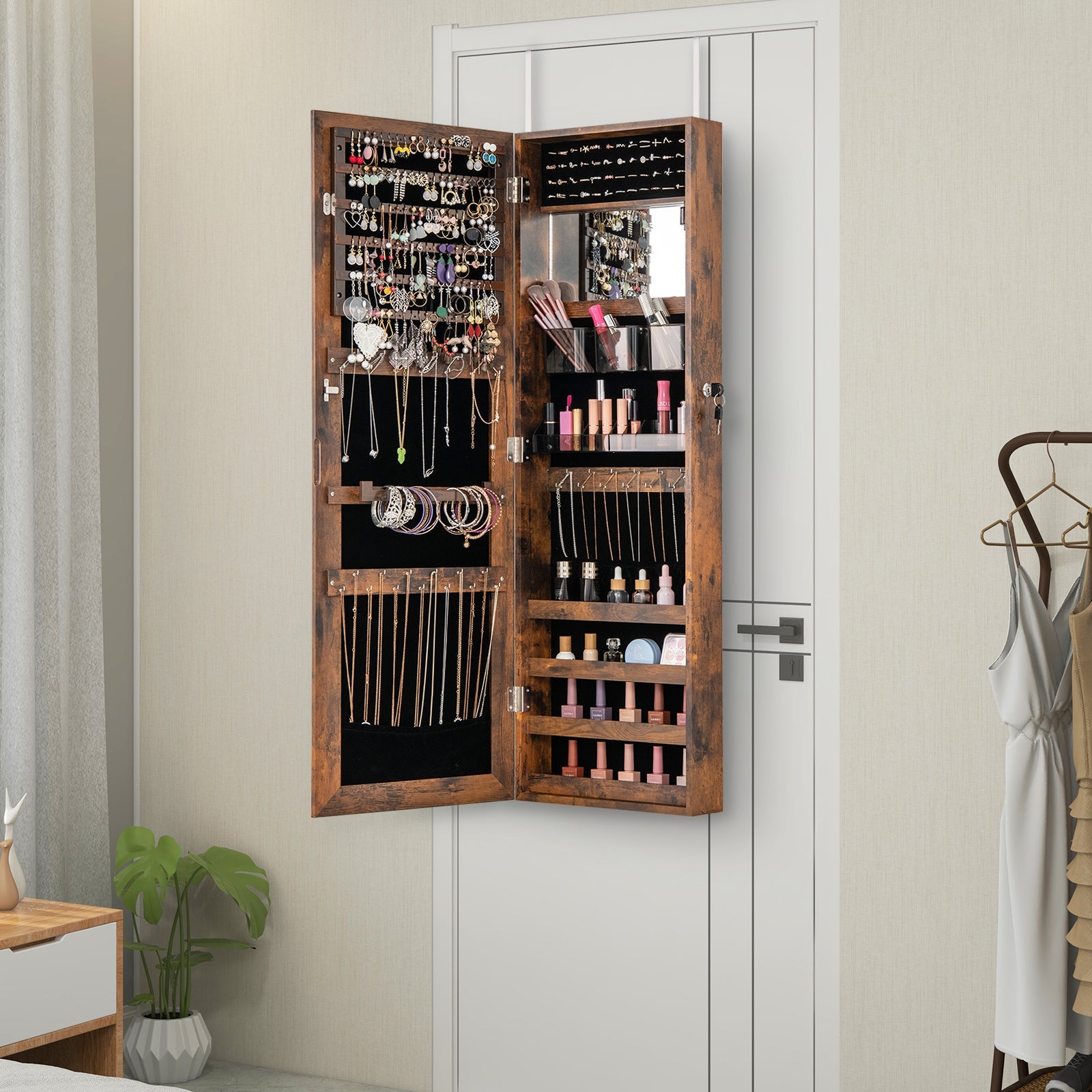 43.5 Inch Jewelry Mirror Cabinet with Full-length Mirror and Adjustable Hangers