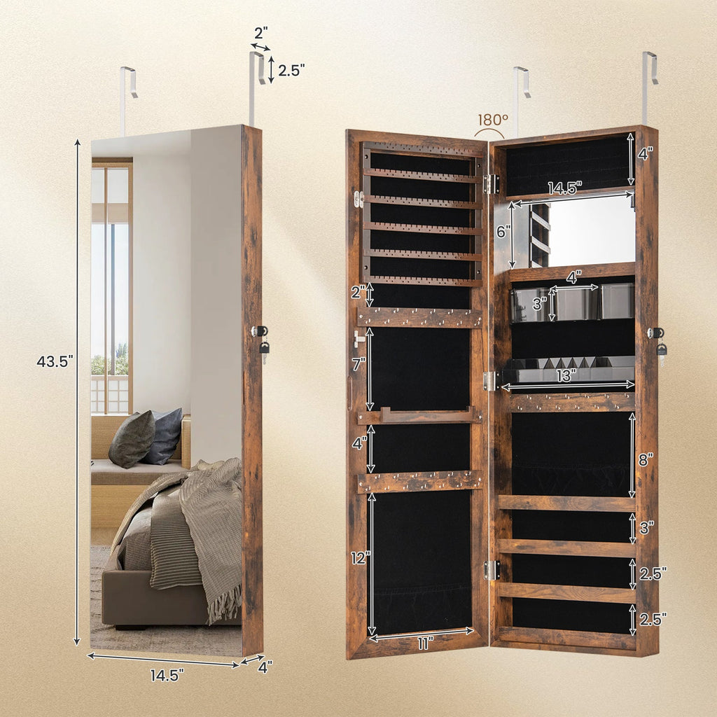 43.5 Inch Jewelry Mirror Cabinet with Full-length Mirror and Adjustable Hangers
