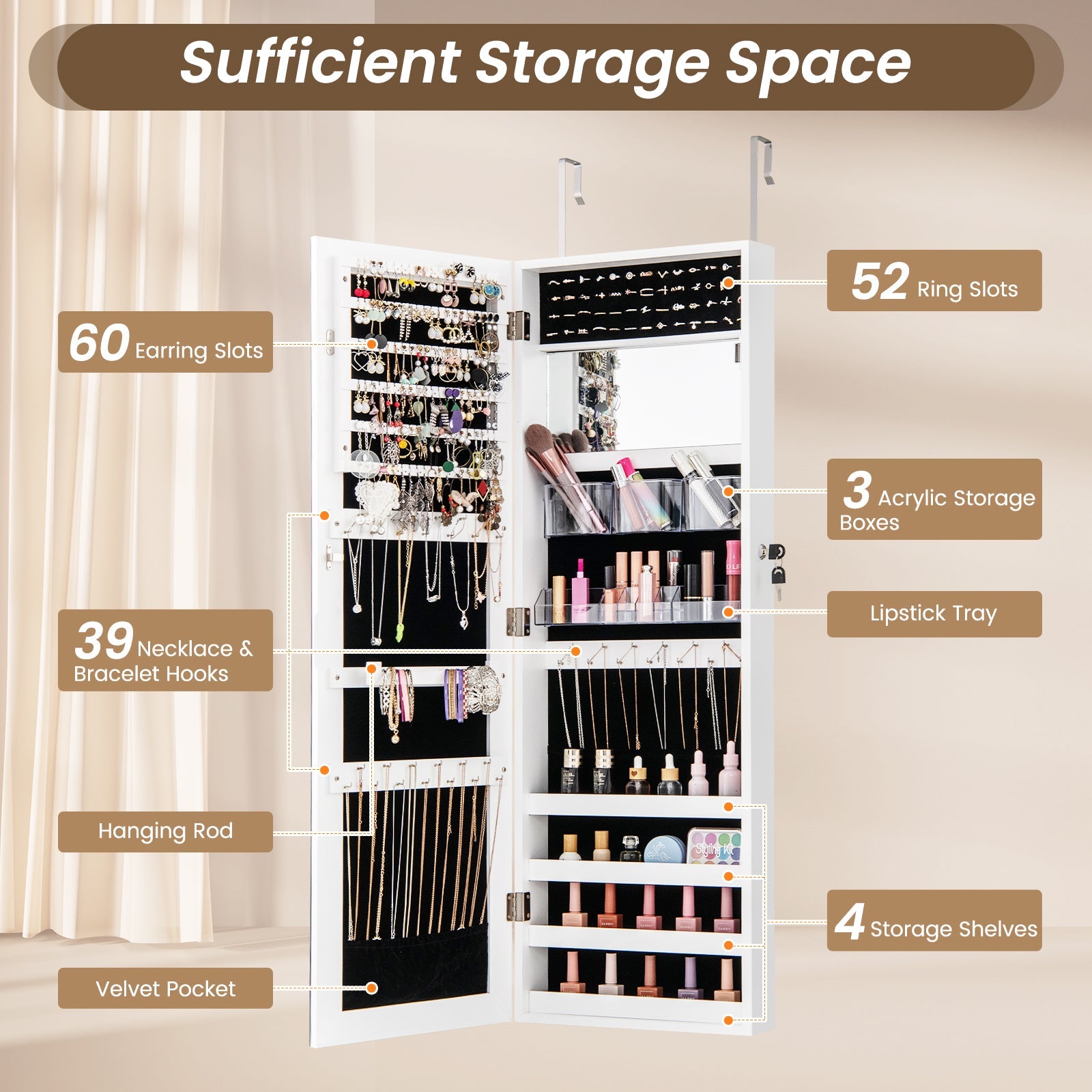 43.5 Inch Jewelry Mirror Cabinet with Full-length Mirror and Adjustable Hangers
