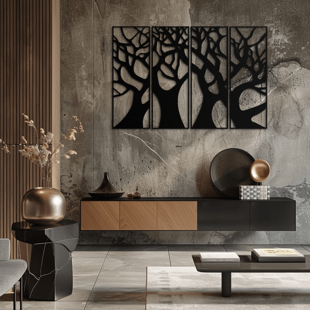 Metal Tree Panel Wall Art Four Piece Contemporary Sculptural