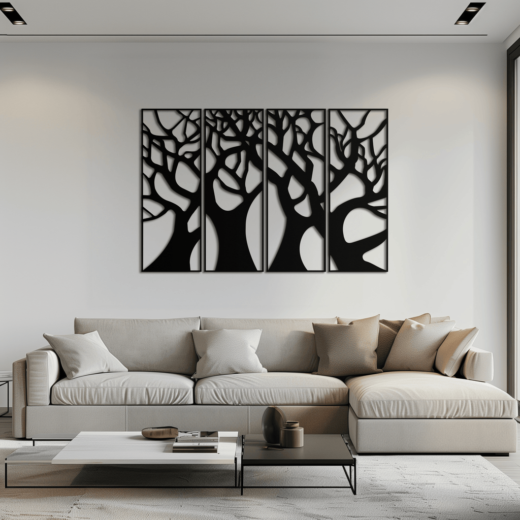 Metal Tree Panel Wall Art Four Piece Contemporary Sculptural