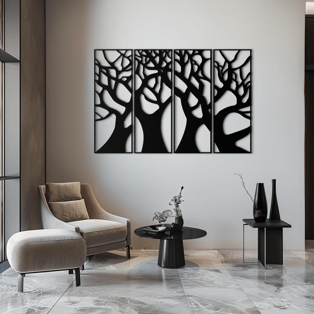 Metal Tree Panel Wall Art Four Piece Contemporary Sculptural