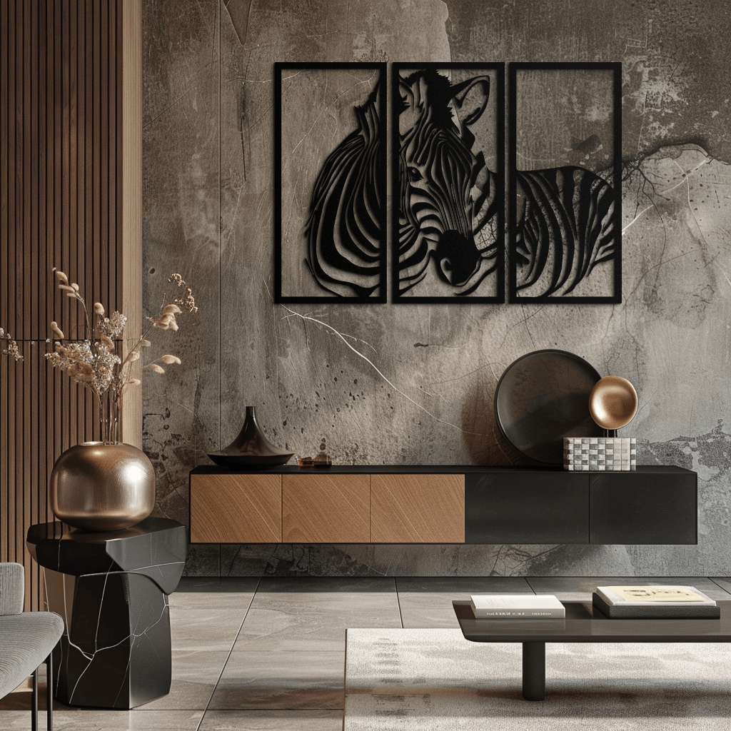 Metal Zebra Three Piece Panel Wall Art - Modern Minimalist Decor