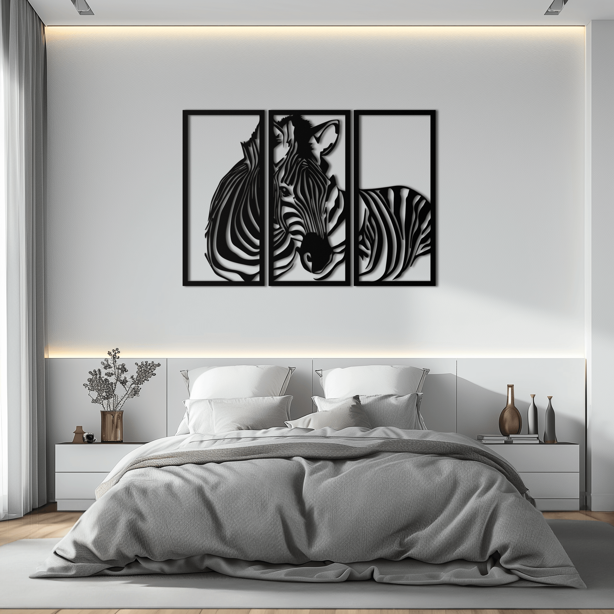 Metal Zebra Three Piece Panel Wall Art - Modern Minimalist Decor
