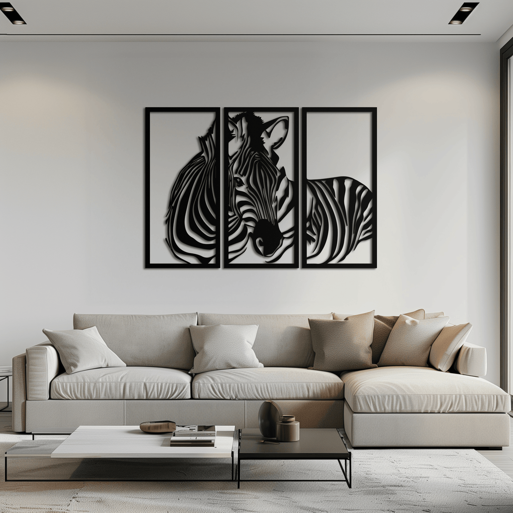 Metal Zebra Three Piece Panel Wall Art - Modern Minimalist Decor
