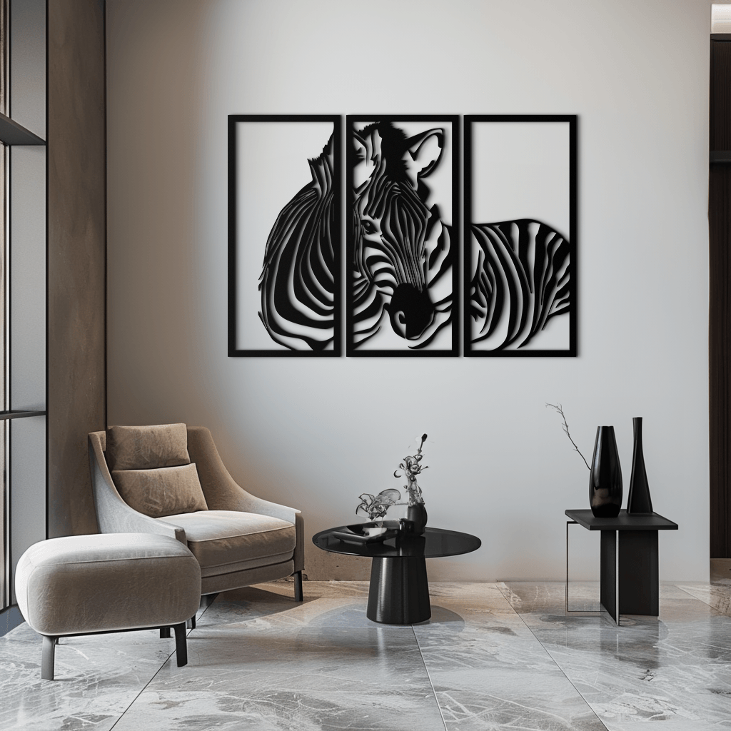 Metal Zebra Three Piece Panel Wall Art - Modern Minimalist Decor
