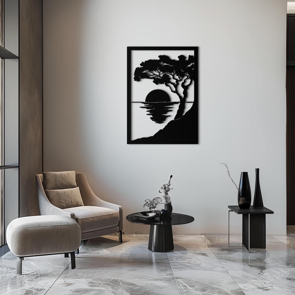 Metal Wall Art Sunset Tree Silhouette - Handcrafted Steel Decor