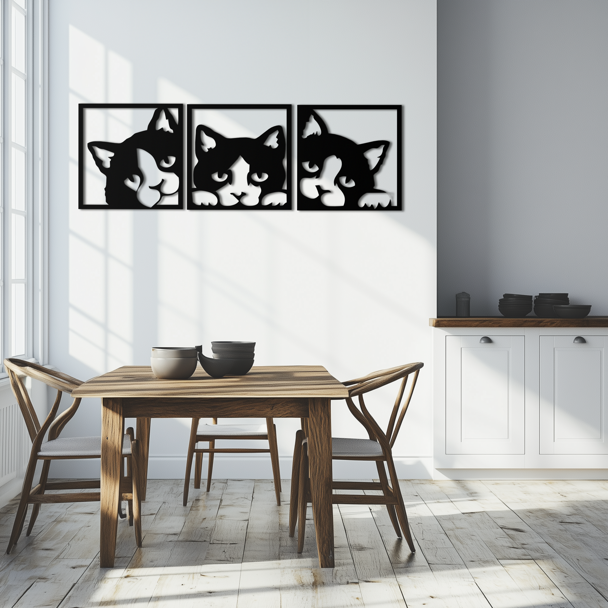 Metal Cat Silhouette Wall Art - Modern Minimalist Three Panel