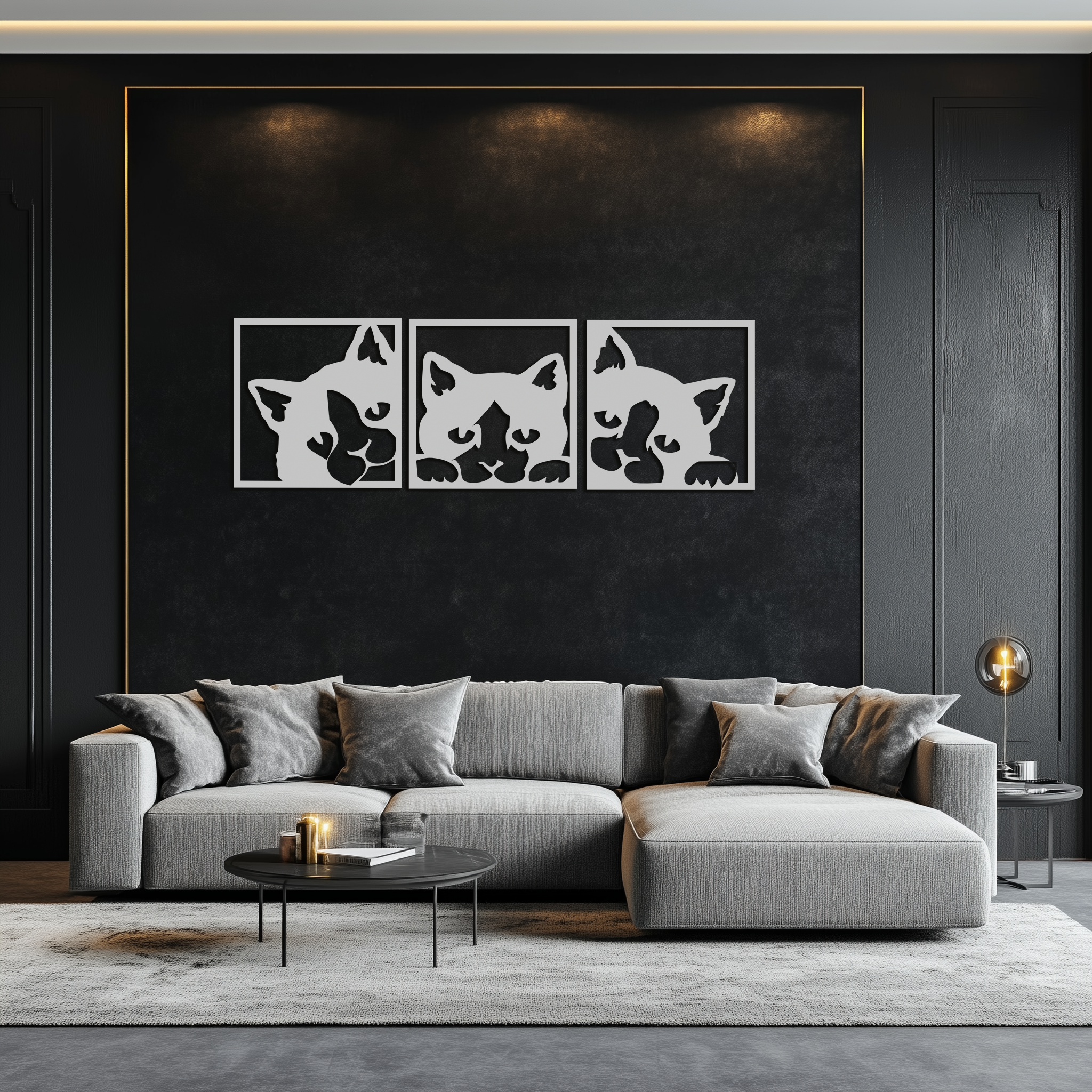 Metal Cat Silhouette Wall Art - Modern Minimalist Three Panel