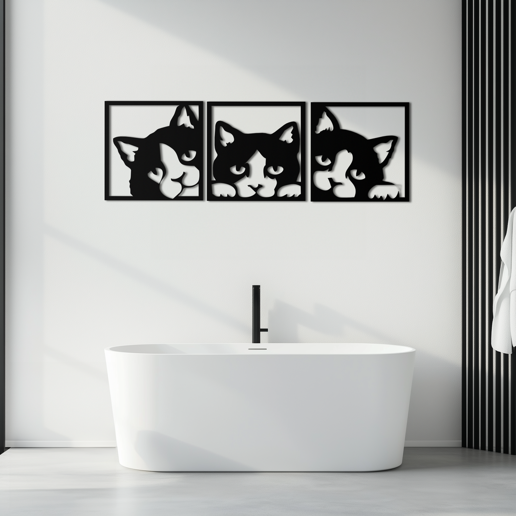 Metal Cat Silhouette Wall Art - Modern Minimalist Three Panel