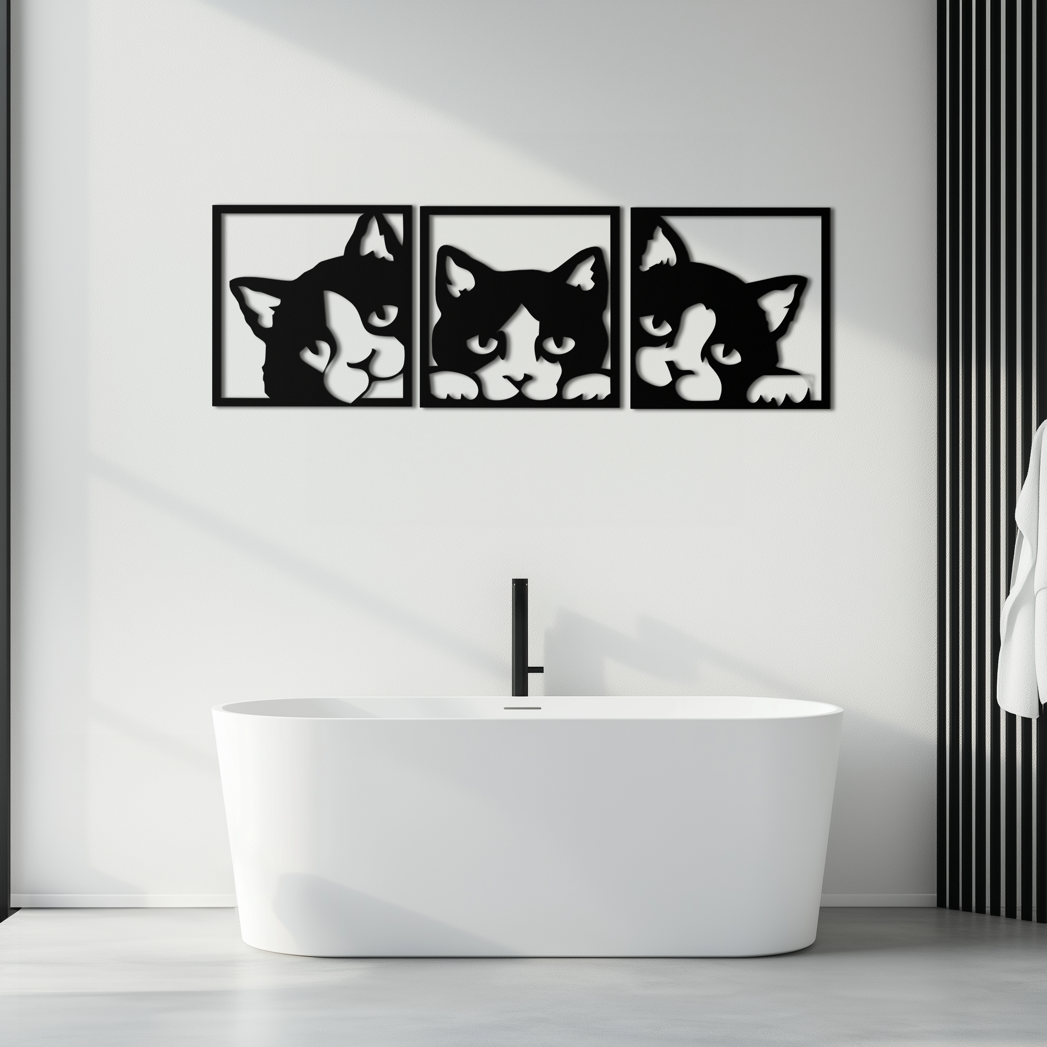 Metal Cat Silhouette Wall Art - Modern Minimalist Three Panel