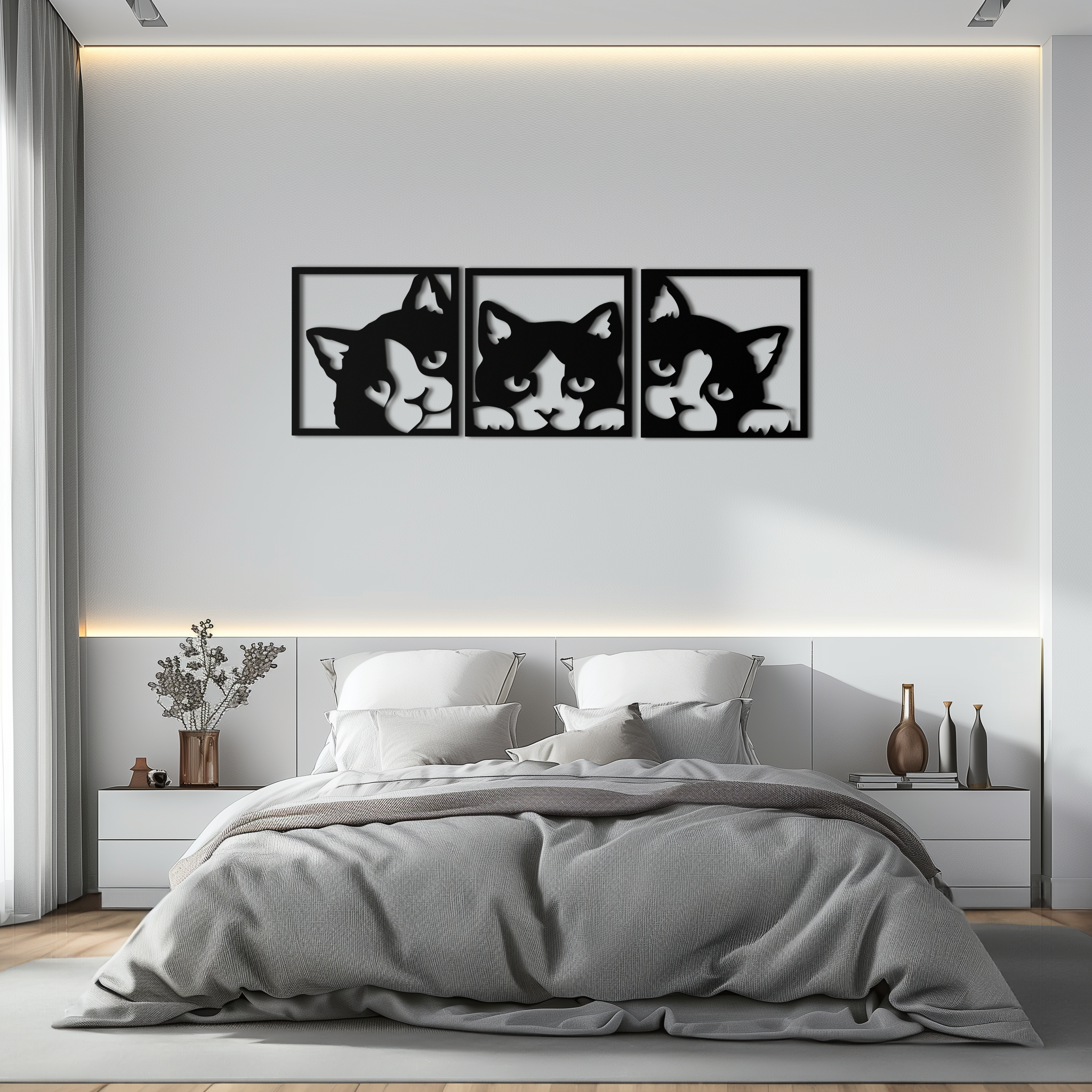 Metal Cat Silhouette Wall Art - Modern Minimalist Three Panel