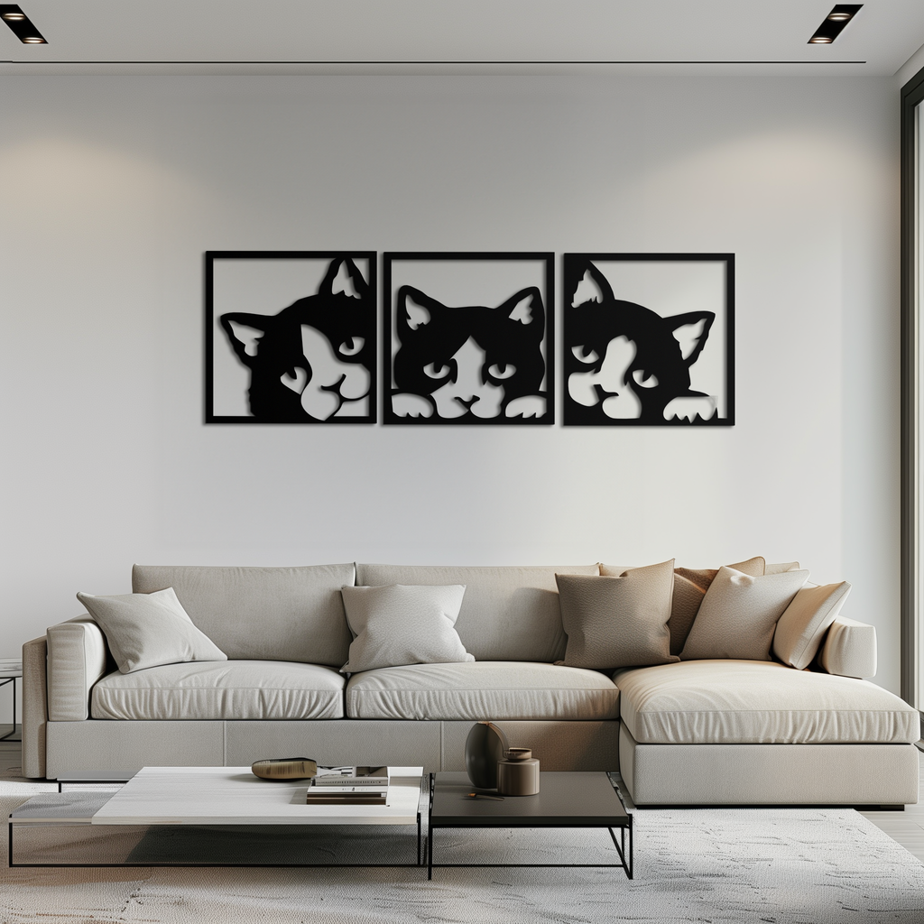Metal Cat Silhouette Wall Art - Modern Minimalist Three Panel