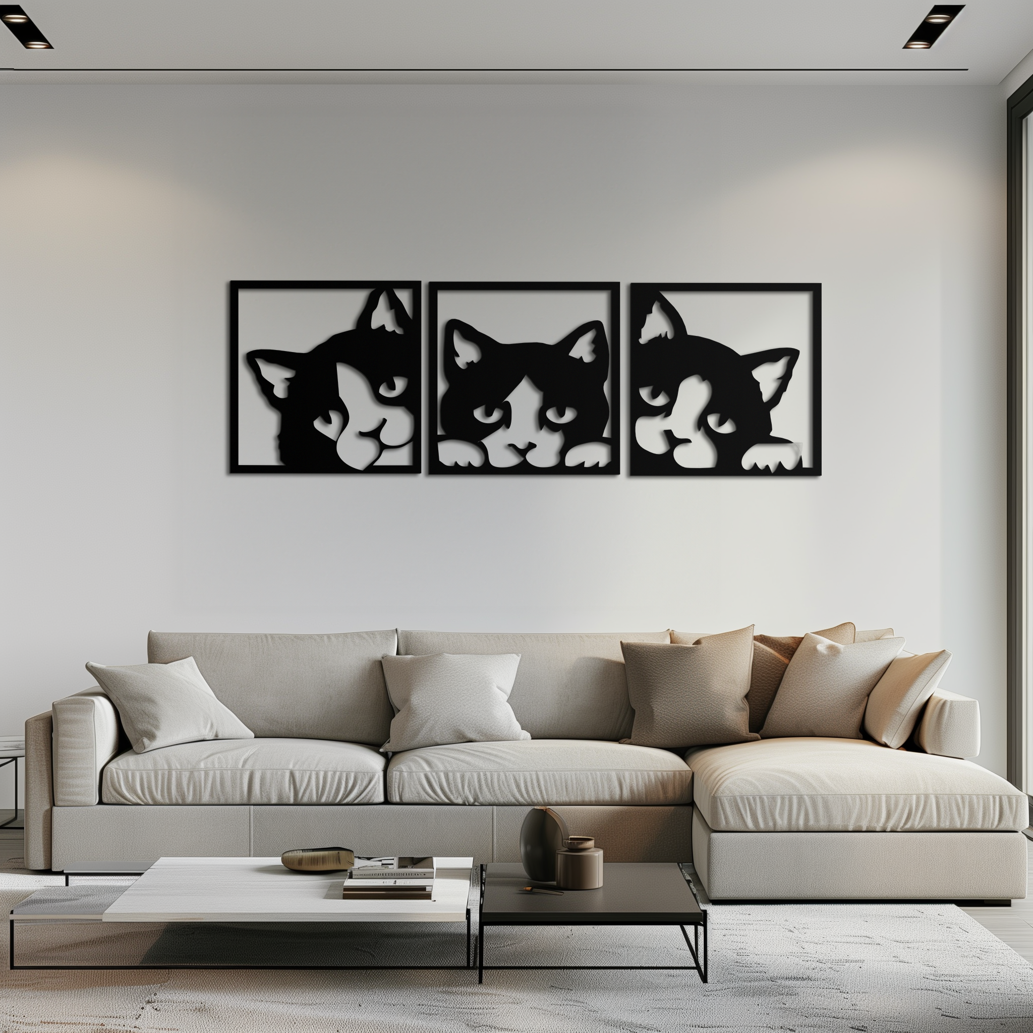Metal Cat Silhouette Wall Art - Modern Minimalist Three Panel