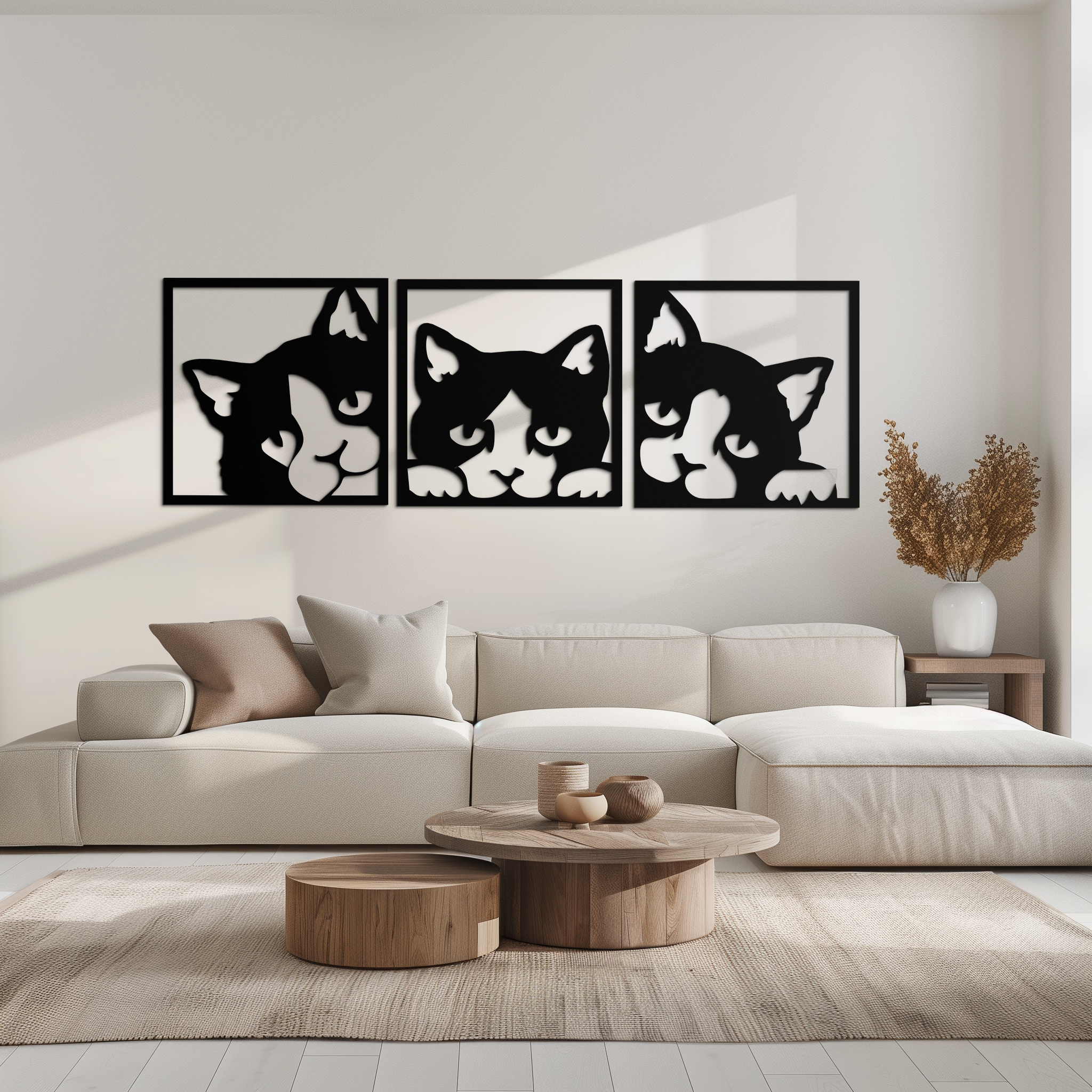 Metal Cat Silhouette Wall Art - Modern Minimalist Three Panel
