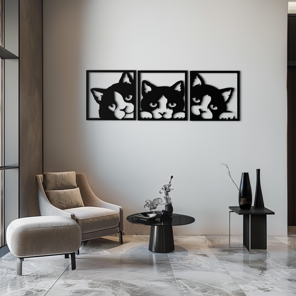 Metal Cat Silhouette Wall Art - Modern Minimalist Three Panel