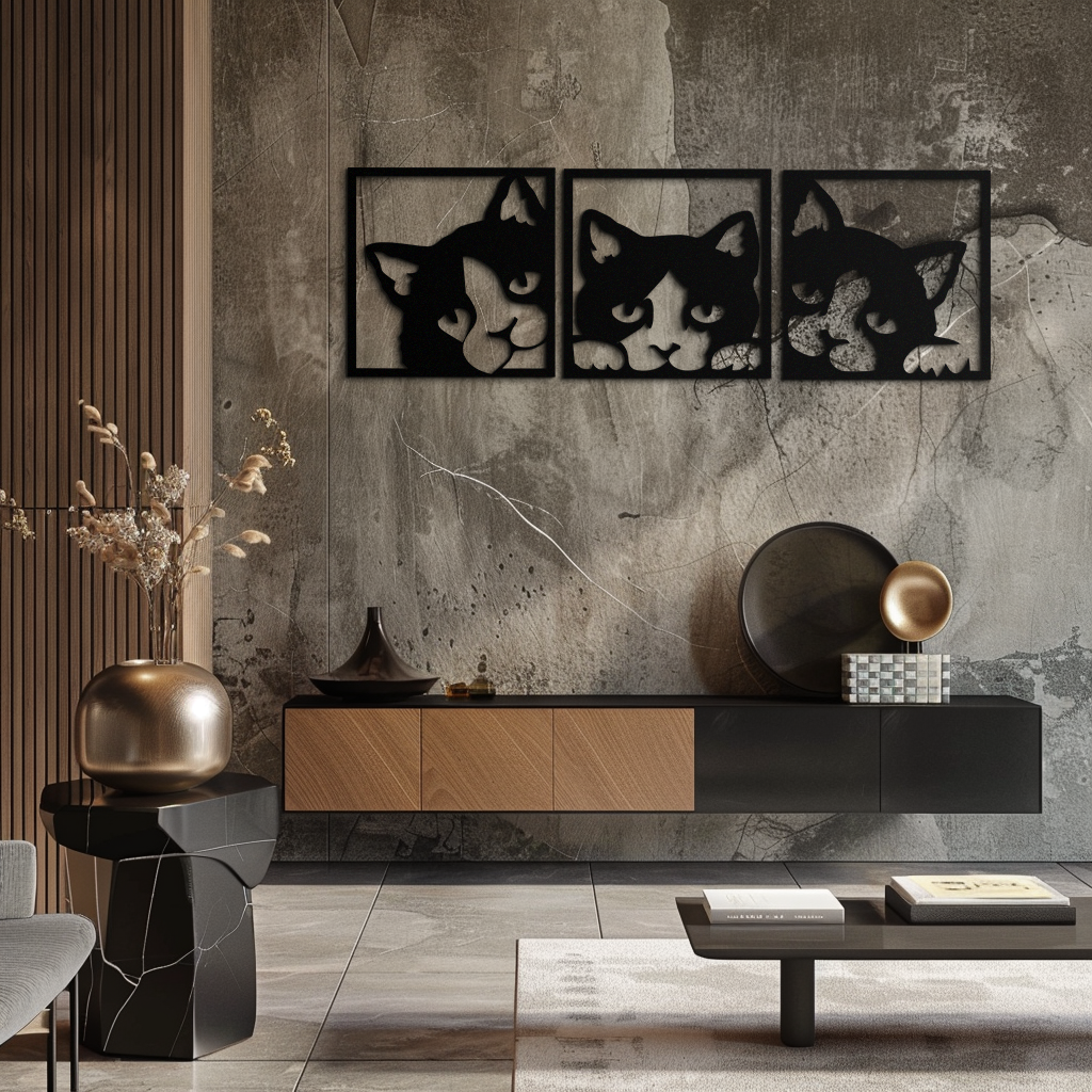 Metal Cat Silhouette Wall Art - Modern Minimalist Three Panel
