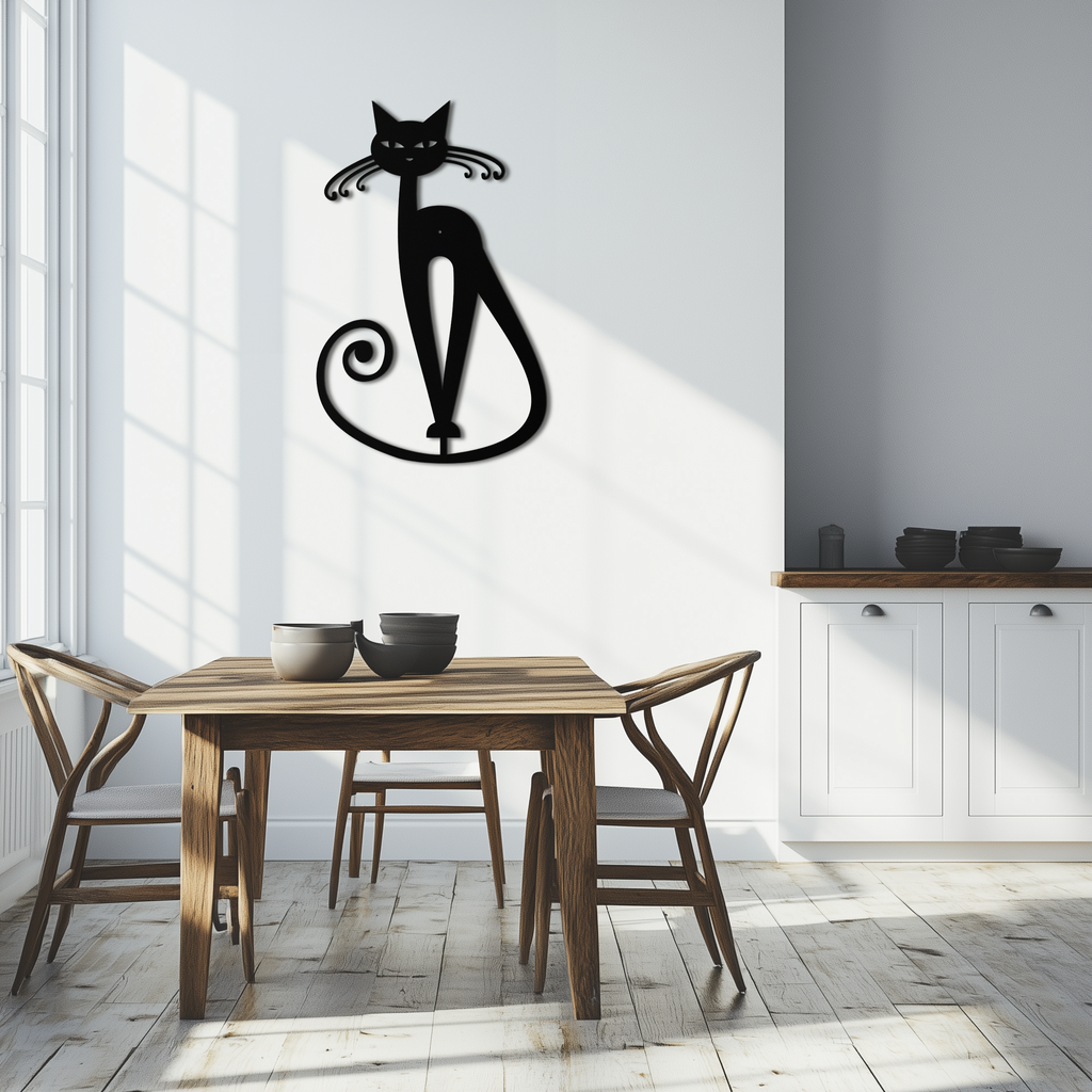 Black Metal Cat Wall Sculpture - Geometric Minimalist Contemporary Home Decor Art