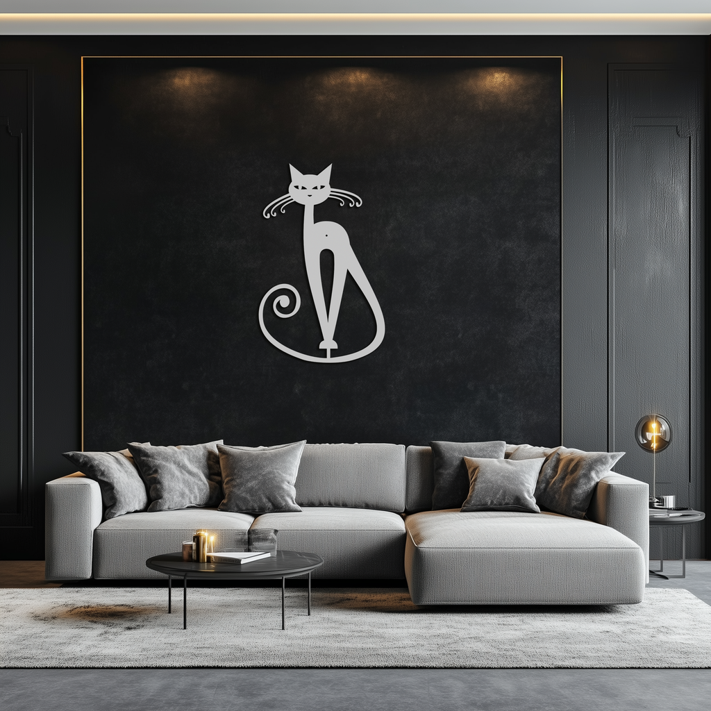Black Metal Cat Wall Sculpture - Geometric Minimalist Contemporary Home Decor Art