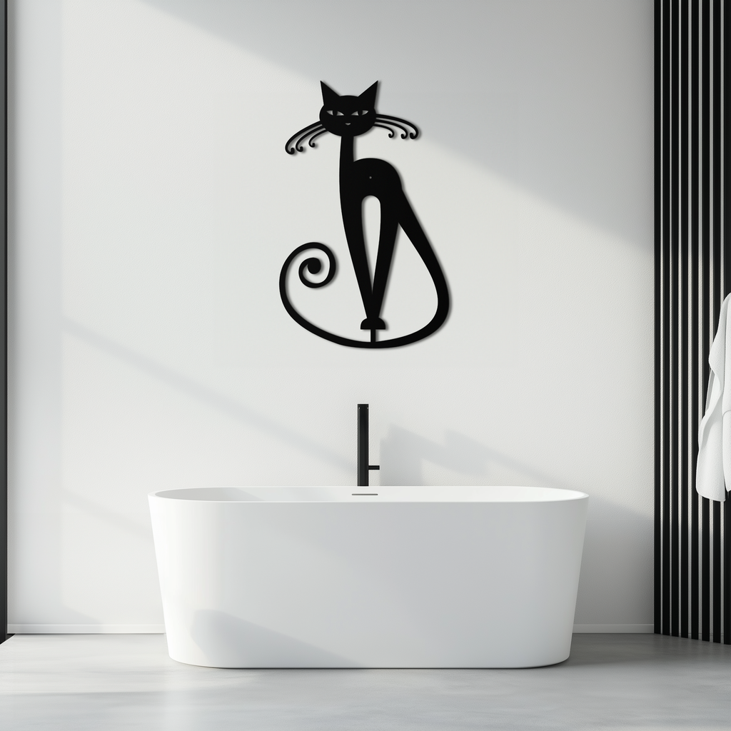 Black Metal Cat Wall Sculpture - Geometric Minimalist Contemporary Home Decor Art